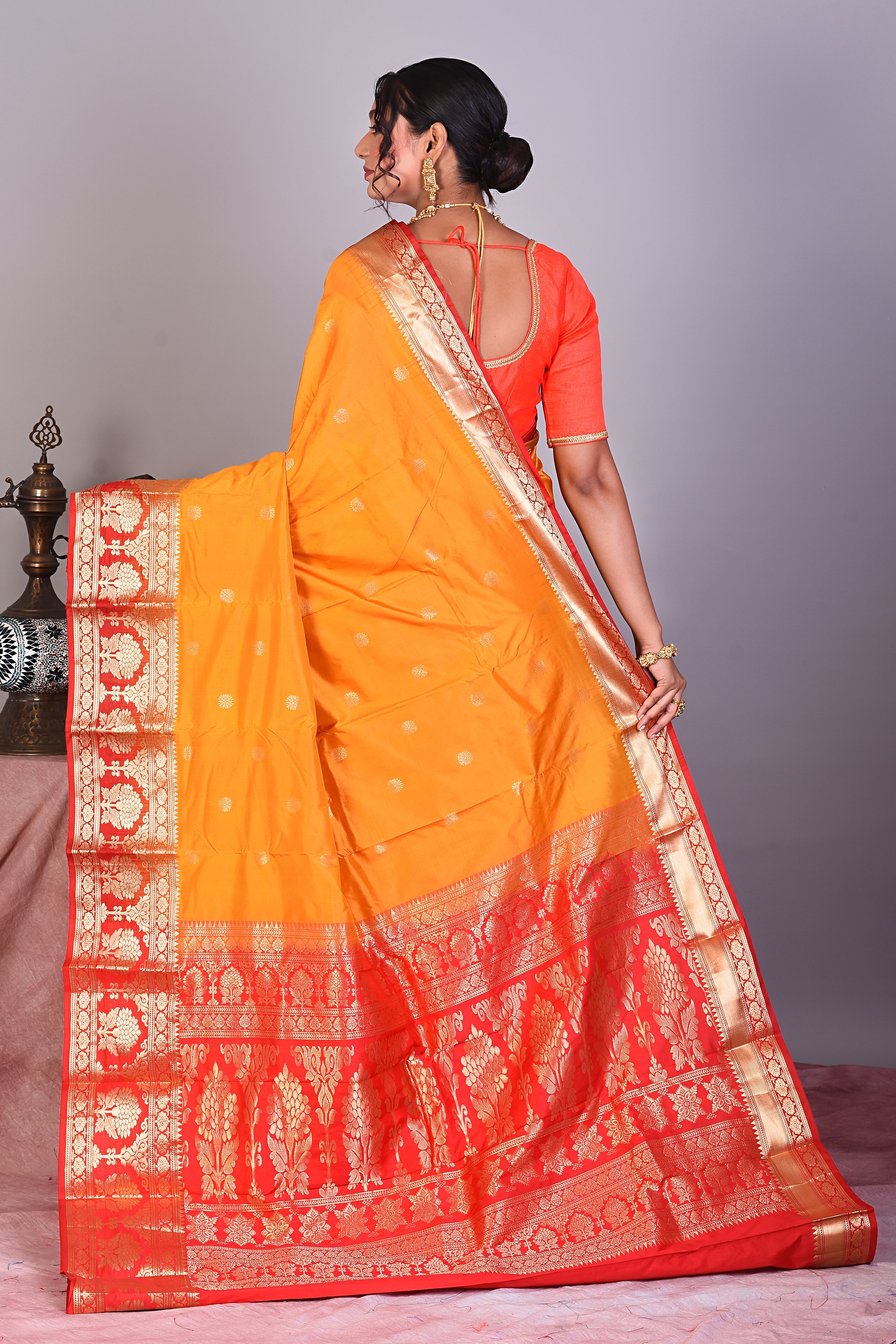 Yellow Pure Kanjivaram Saree with Red Borders - Keya Seth Exclusive