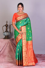 Load image into Gallery viewer, Green Dual Tone Pure Kanjivaram Saree with Red Borders - Keya Seth Exclusive
