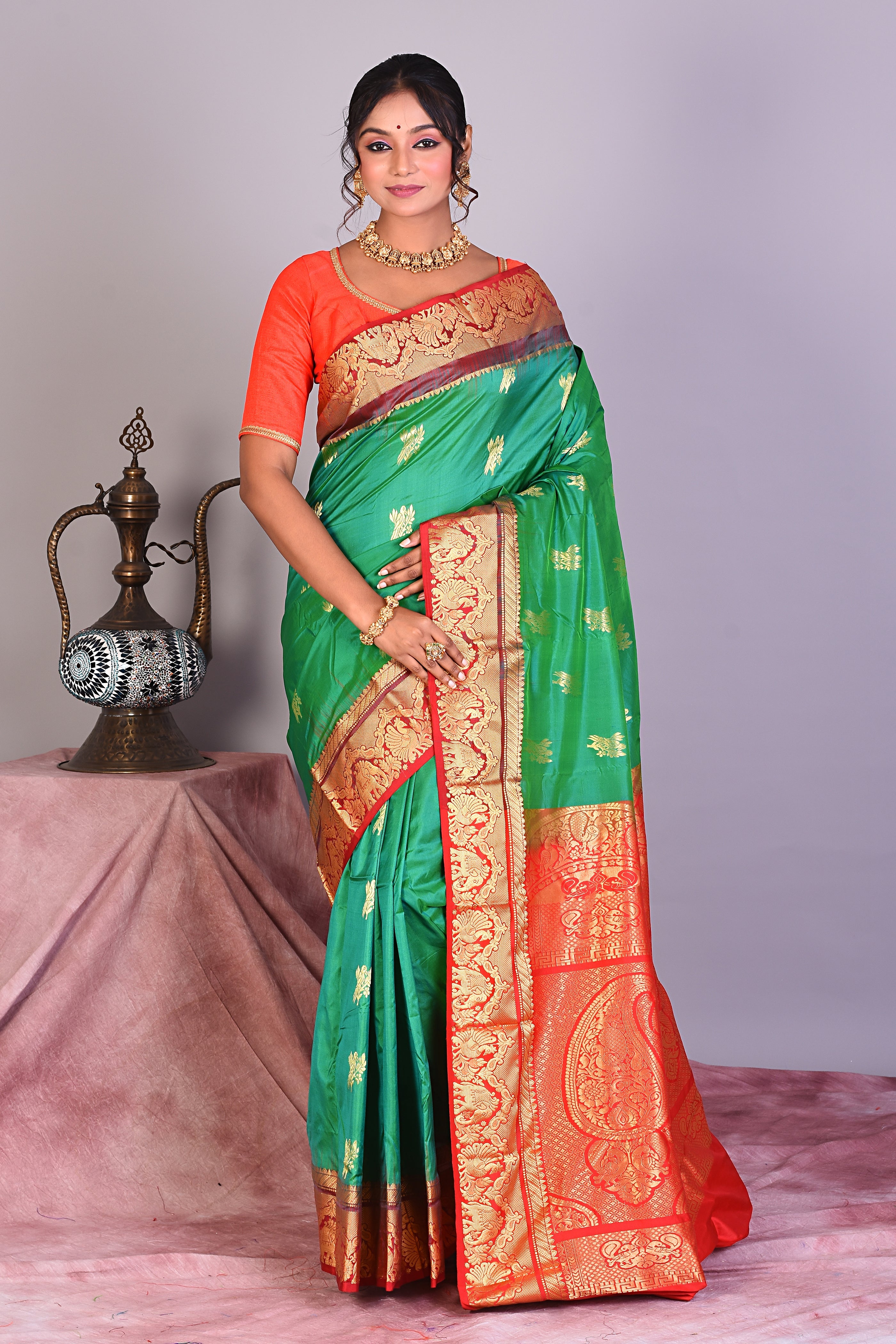 Green Dual Tone Pure Kanjivaram Saree with Red Borders - Keya Seth Exclusive