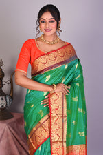 Load image into Gallery viewer, Green Dual Tone Pure Kanjivaram Saree with Red Borders - Keya Seth Exclusive
