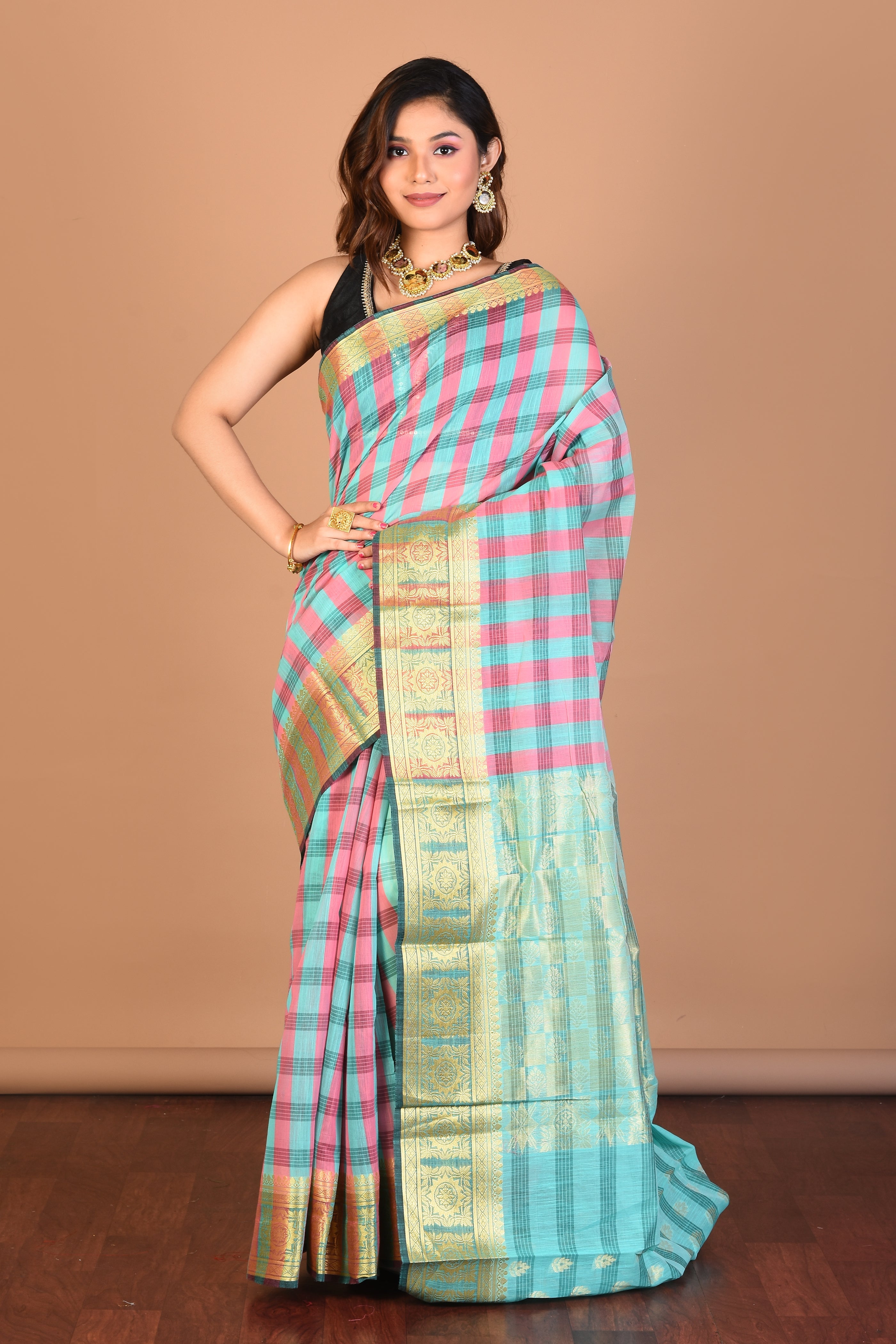 Light Blue Checked Blended Silk Saree with Blouse Piece - Keya Seth Exclusive