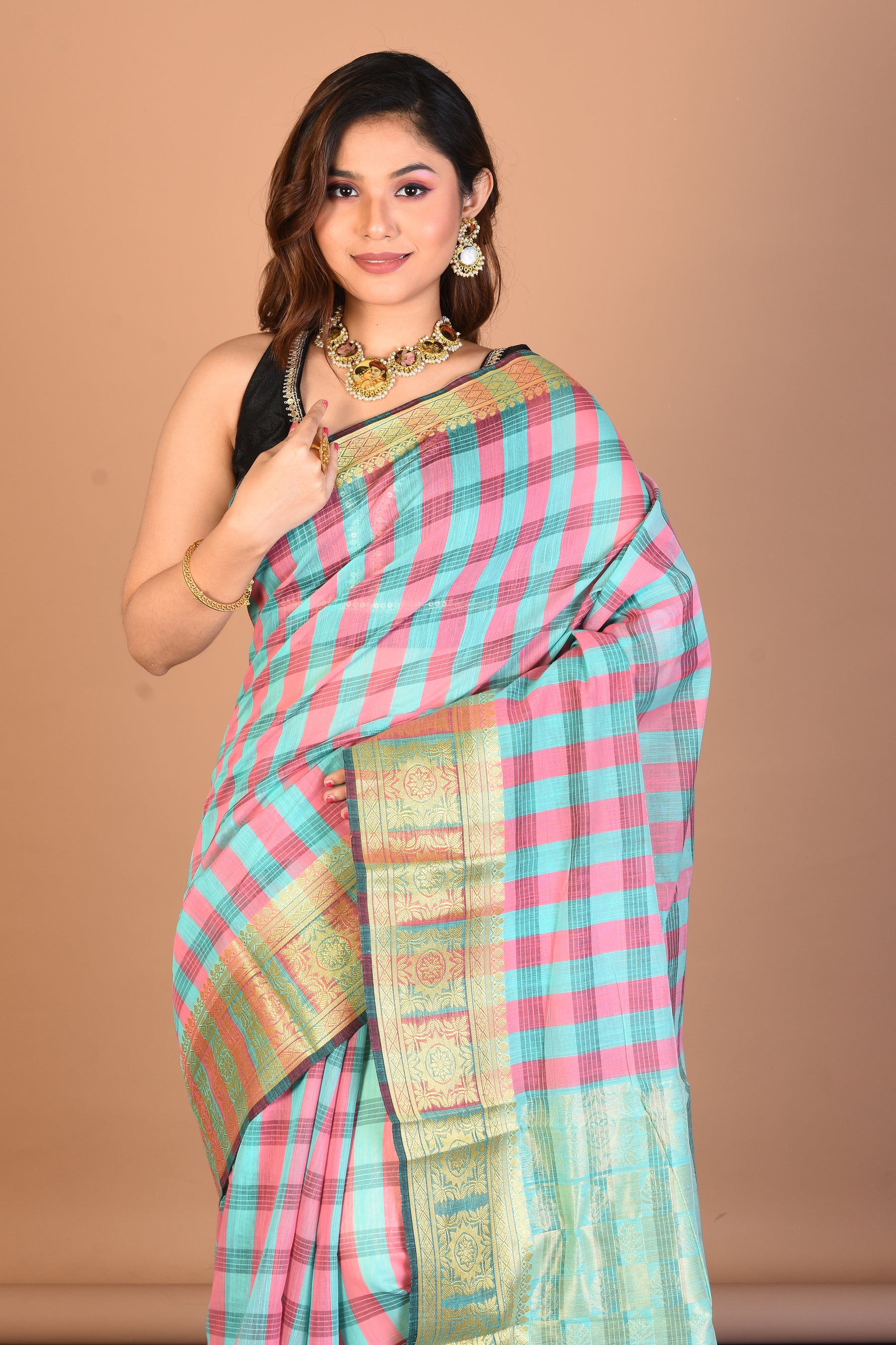 Light Blue Checked Blended Silk Saree with Blouse Piece - Keya Seth Exclusive