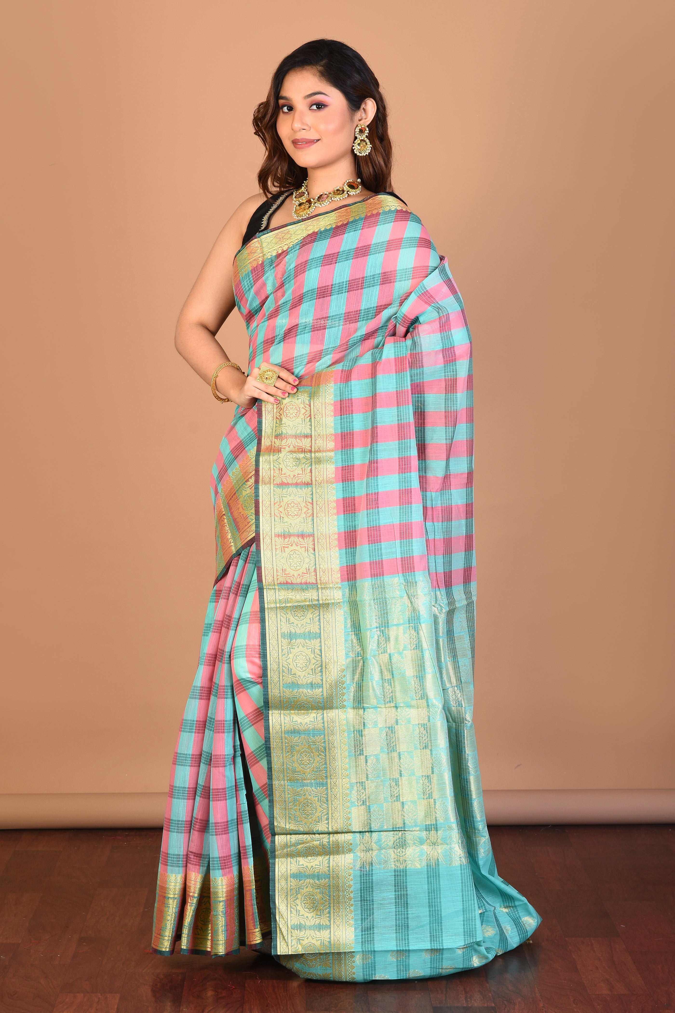 Light Blue Checked Blended Silk Saree with Blouse Piece - Keya Seth Exclusive