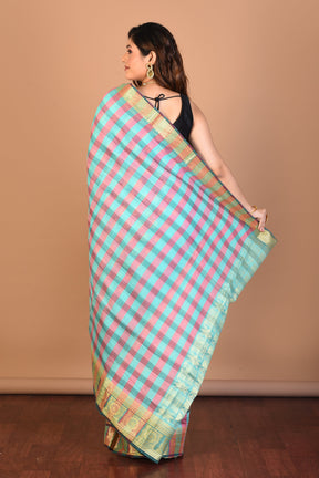 Light Blue Checked Blended Silk Saree with Blouse Piece - Keya Seth Exclusive