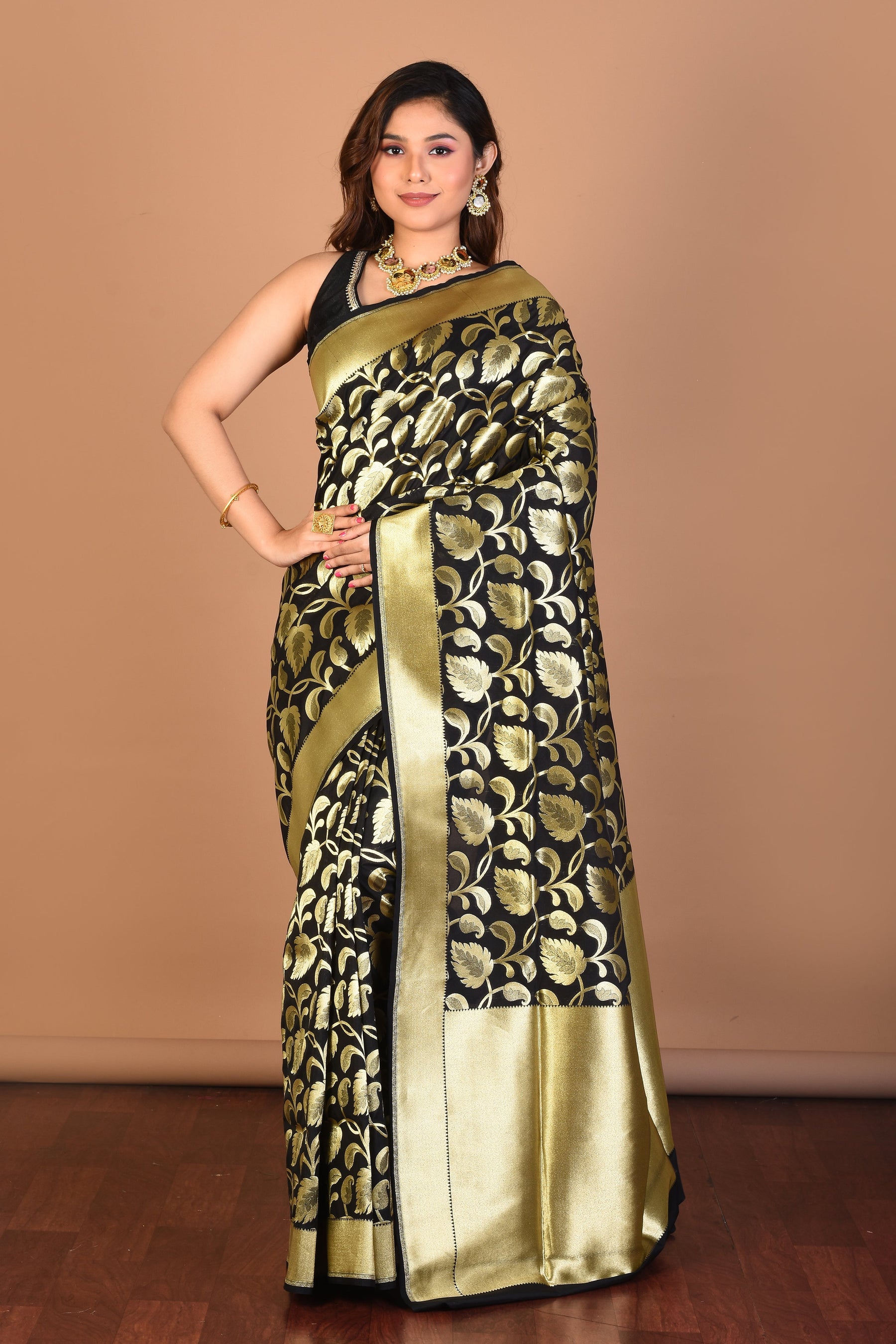 Black Blended Uppada Silk Saree with Blouse Piece - Keya Seth Exclusive