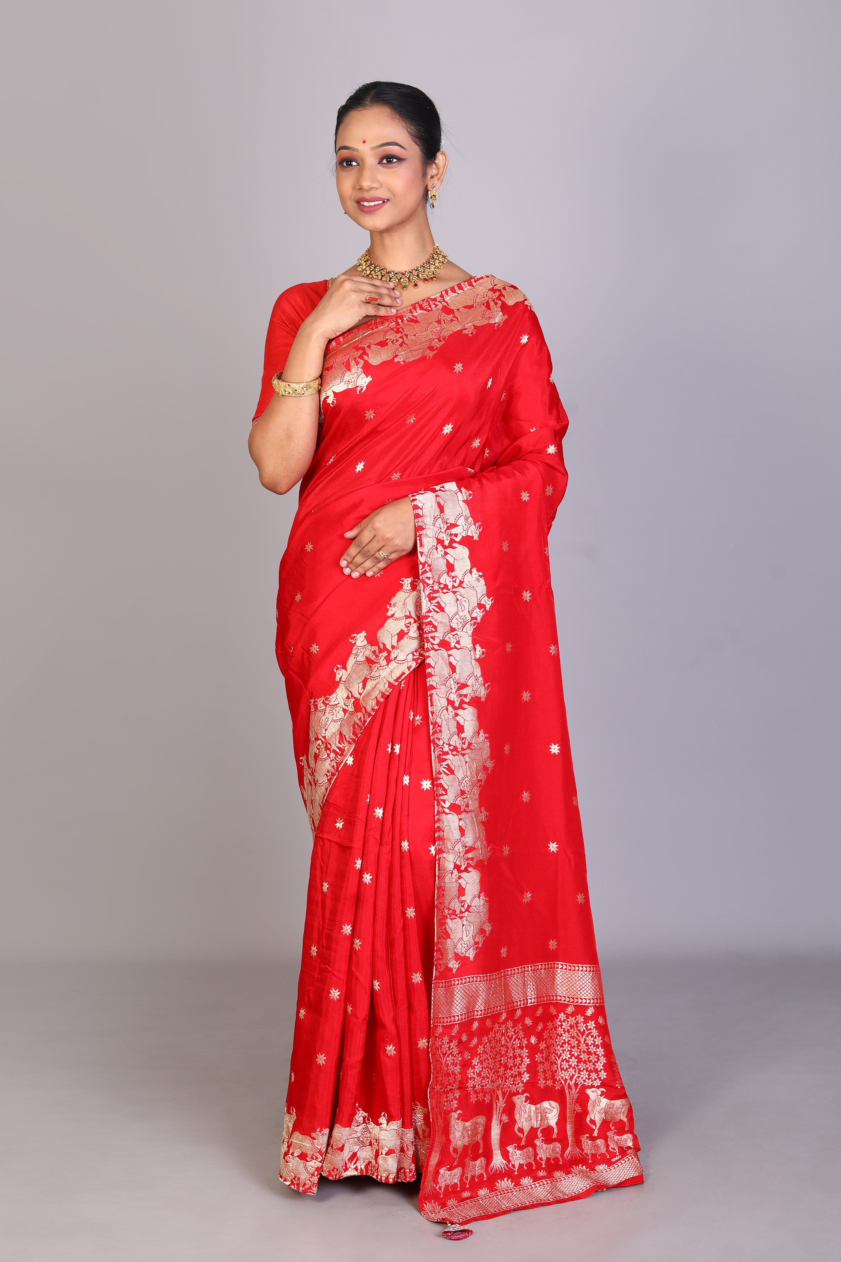 Red Blended Satin Silk Saree - Keya Seth Exclusive