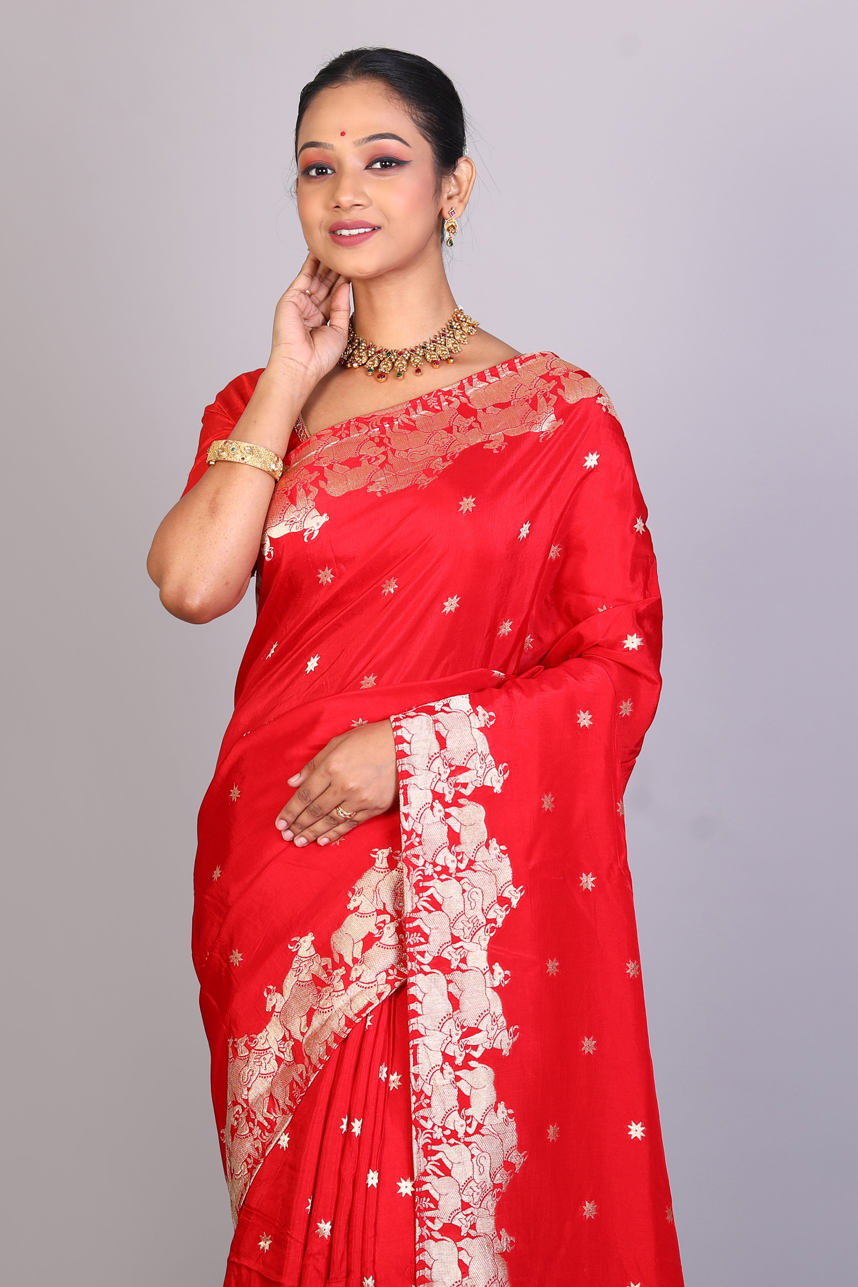 Red Blended Satin Silk Saree - Keya Seth Exclusive