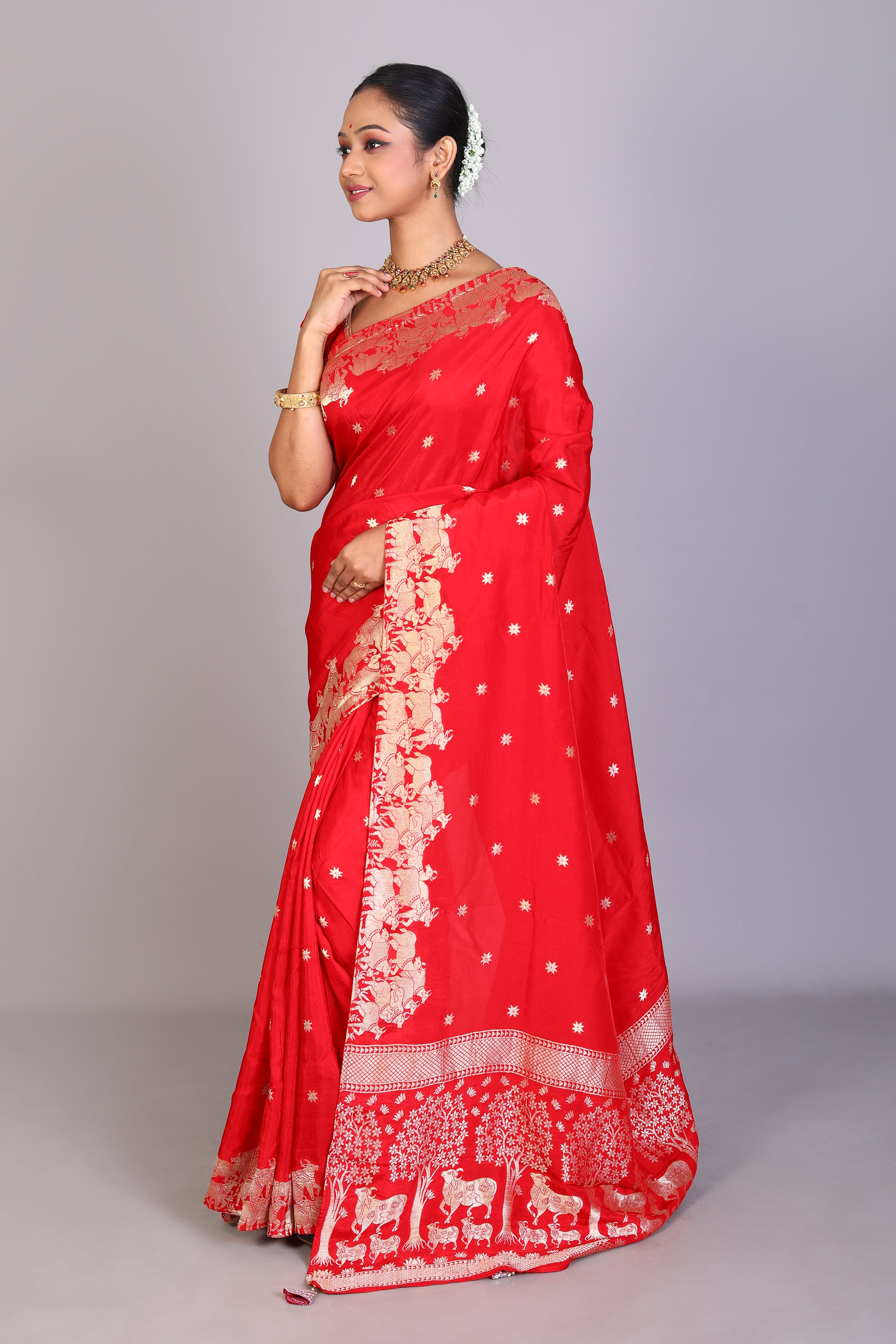 Red Blended Satin Silk Saree - Keya Seth Exclusive