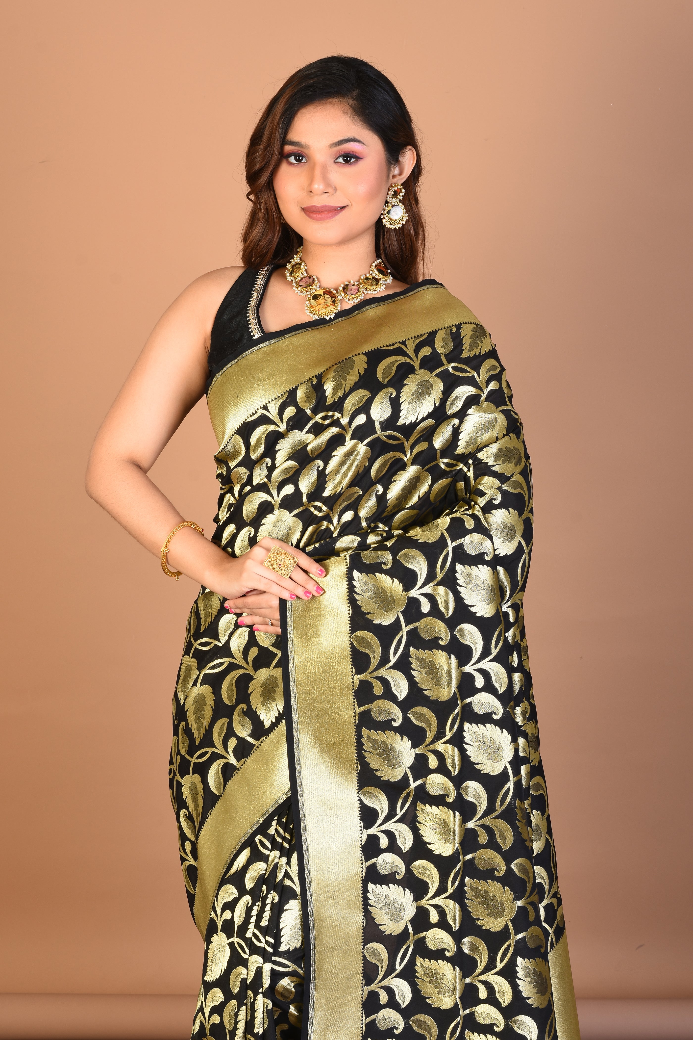 Black Blended Uppada Silk Saree with Blouse Piece - Keya Seth Exclusive