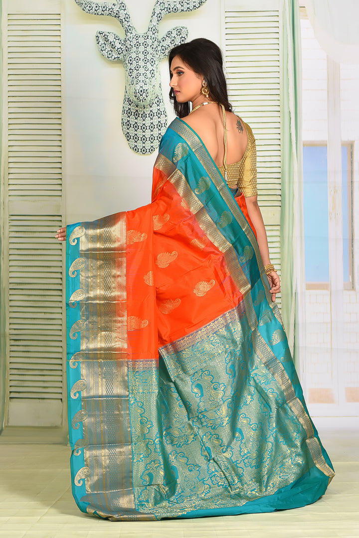 Bright Orange Pure Kanjivaram Silk Saree - Keya Seth Exclusive