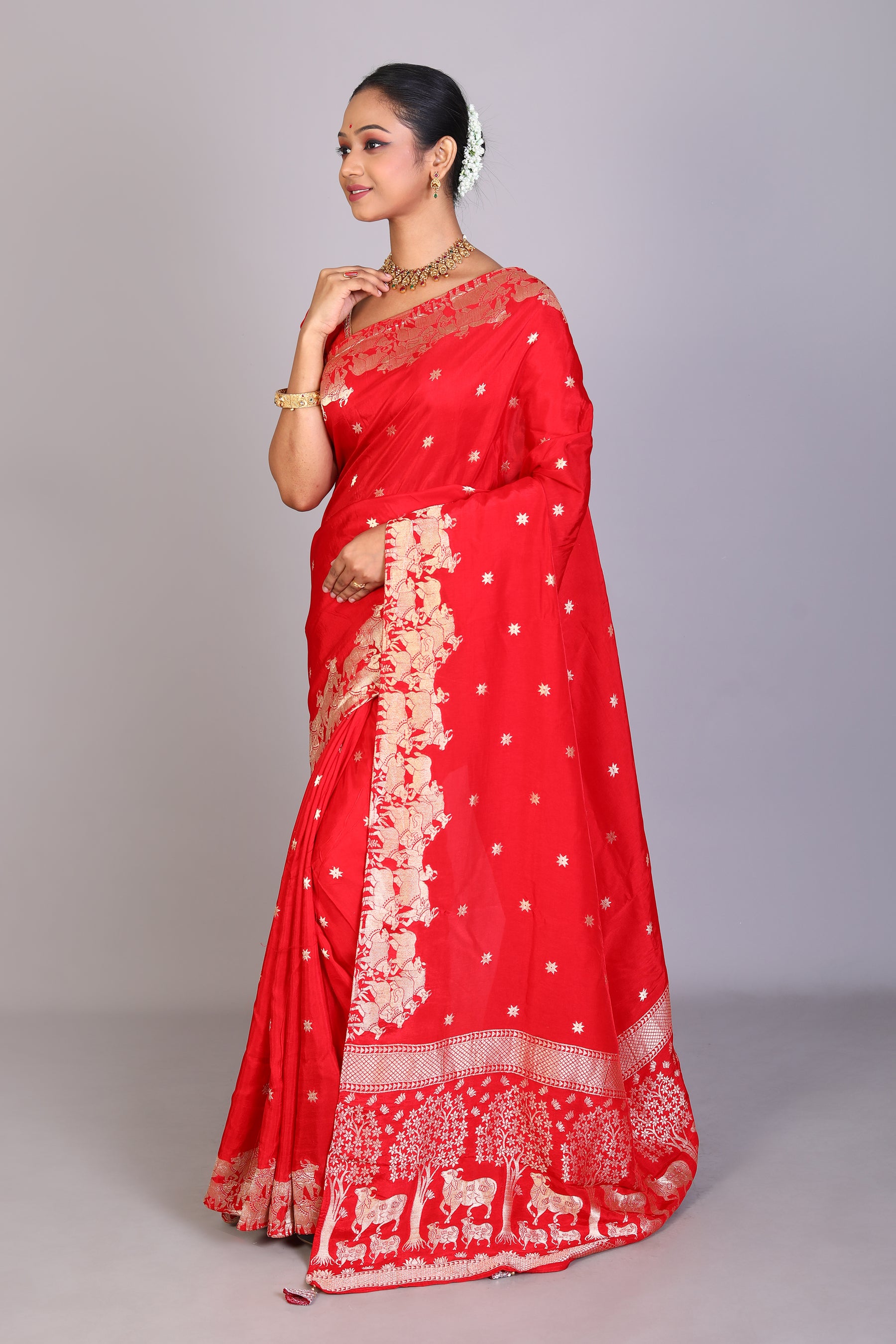 Red Blended Satin Silk Saree - Keya Seth Exclusive