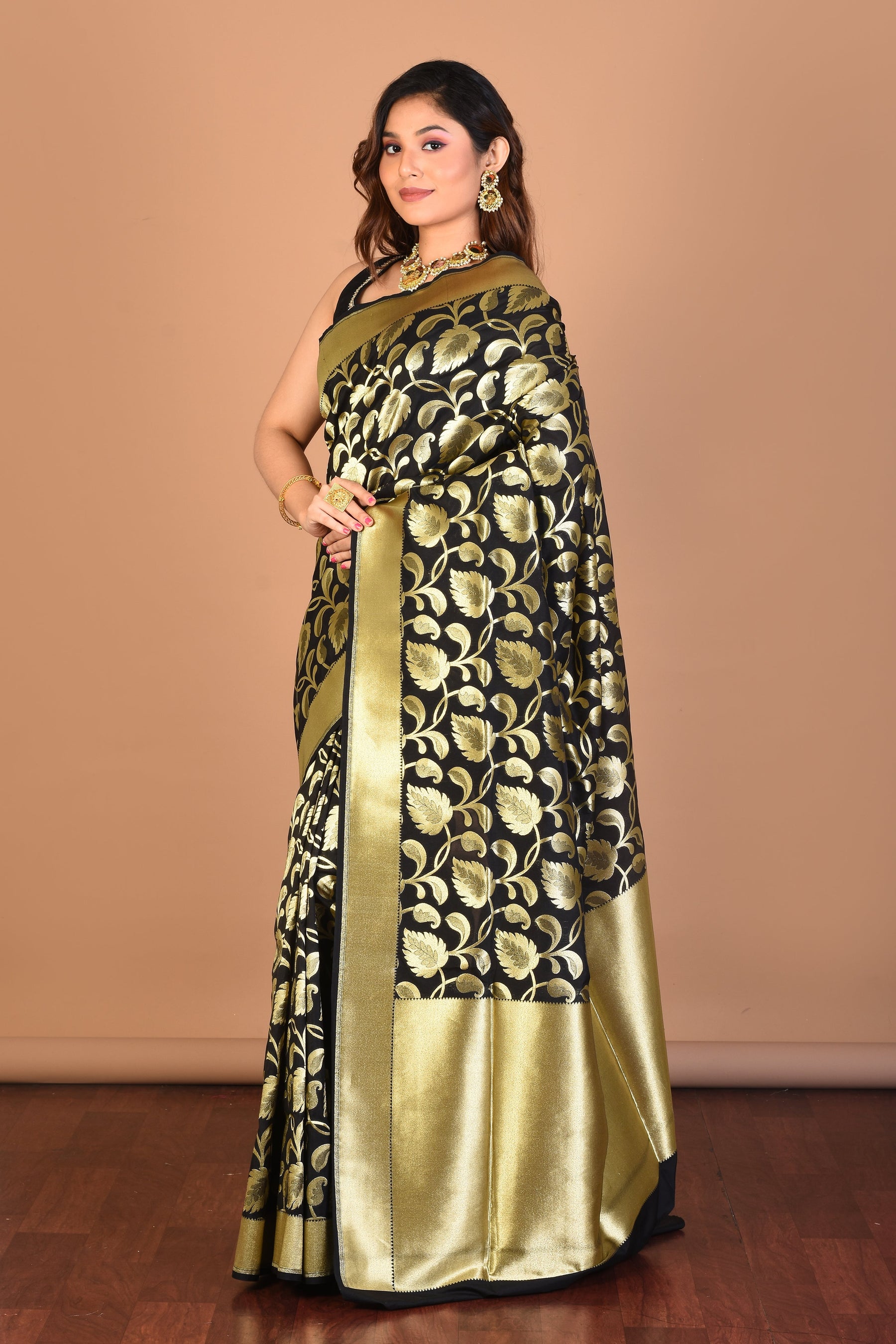 Black Blended Uppada Silk Saree with Blouse Piece - Keya Seth Exclusive