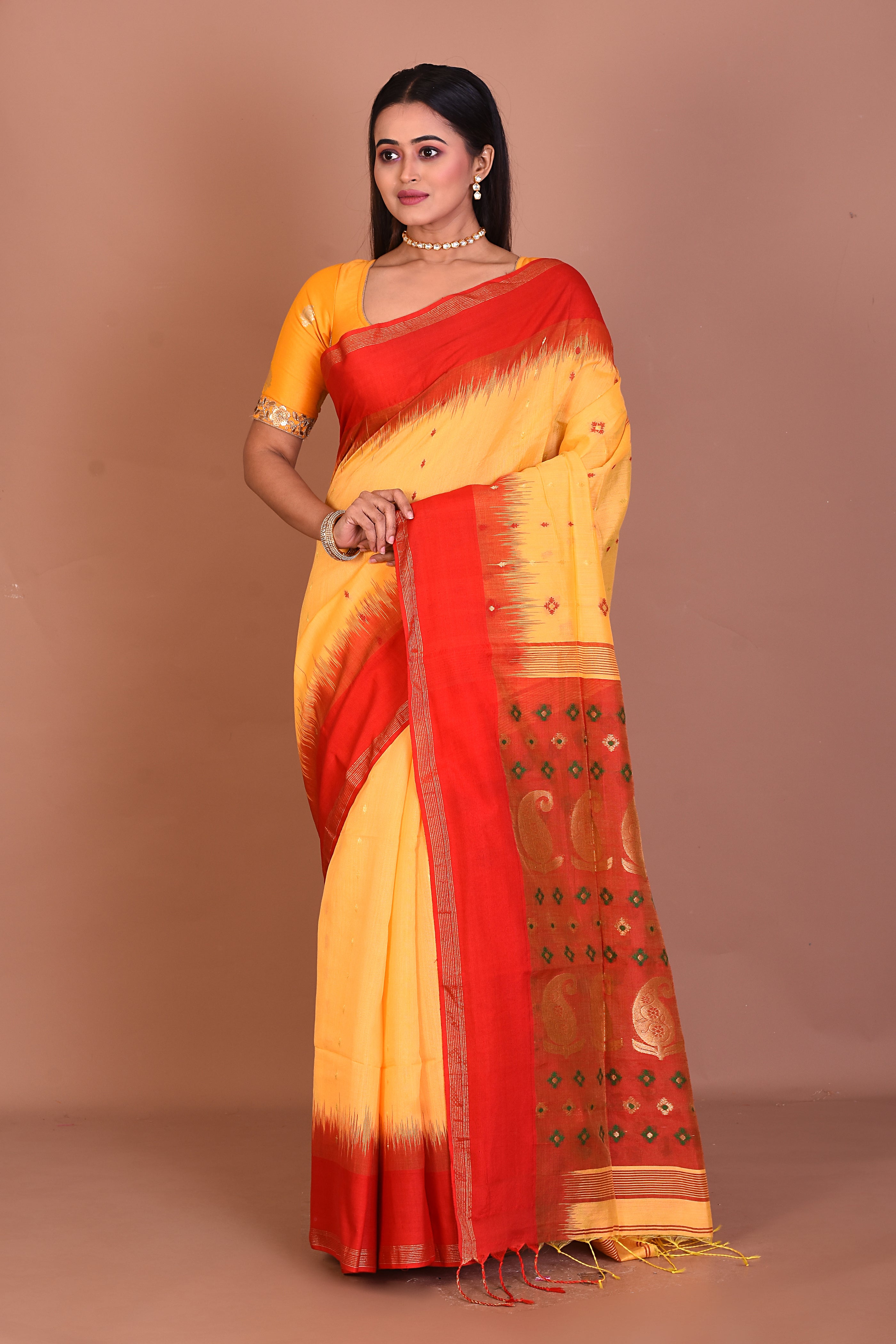 Red and Yellow Blended Handloom Saree - Keya Seth Exclusive