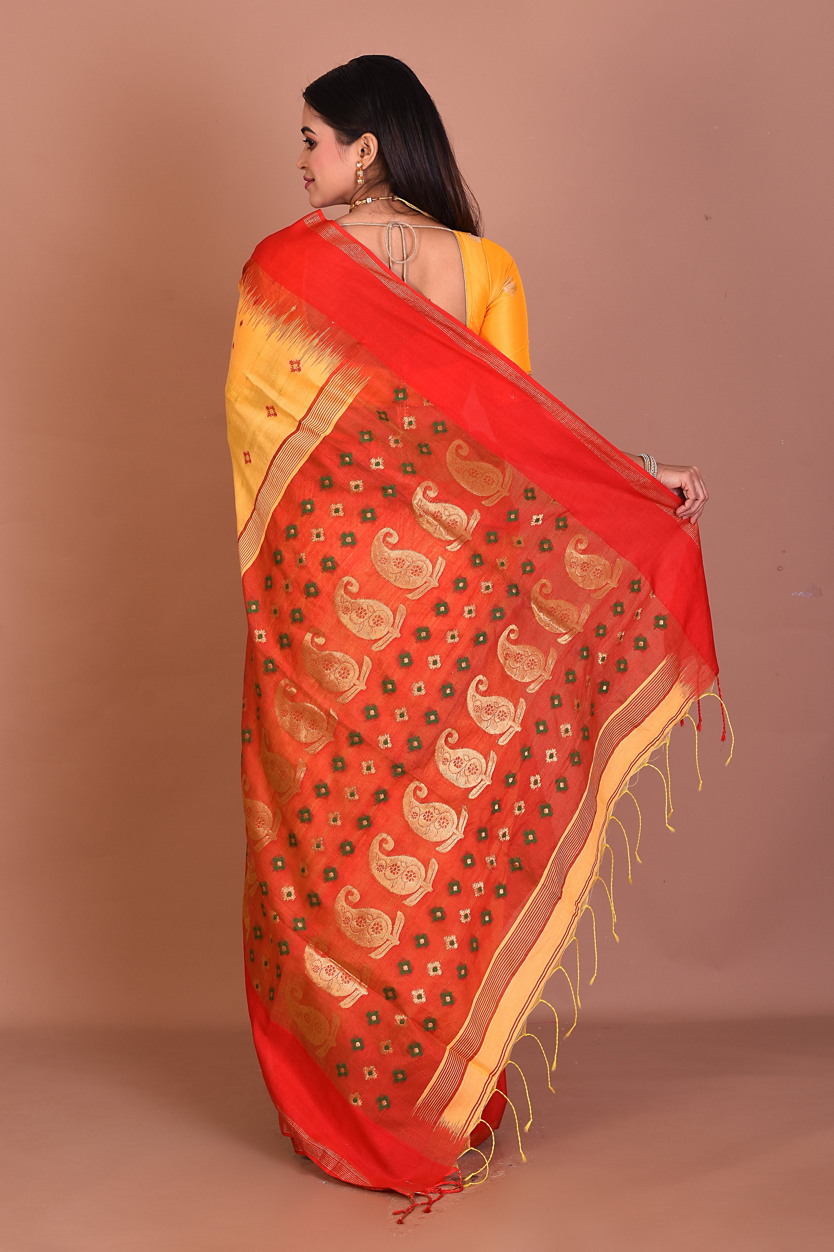 Red and Yellow Blended Handloom Saree - Keya Seth Exclusive