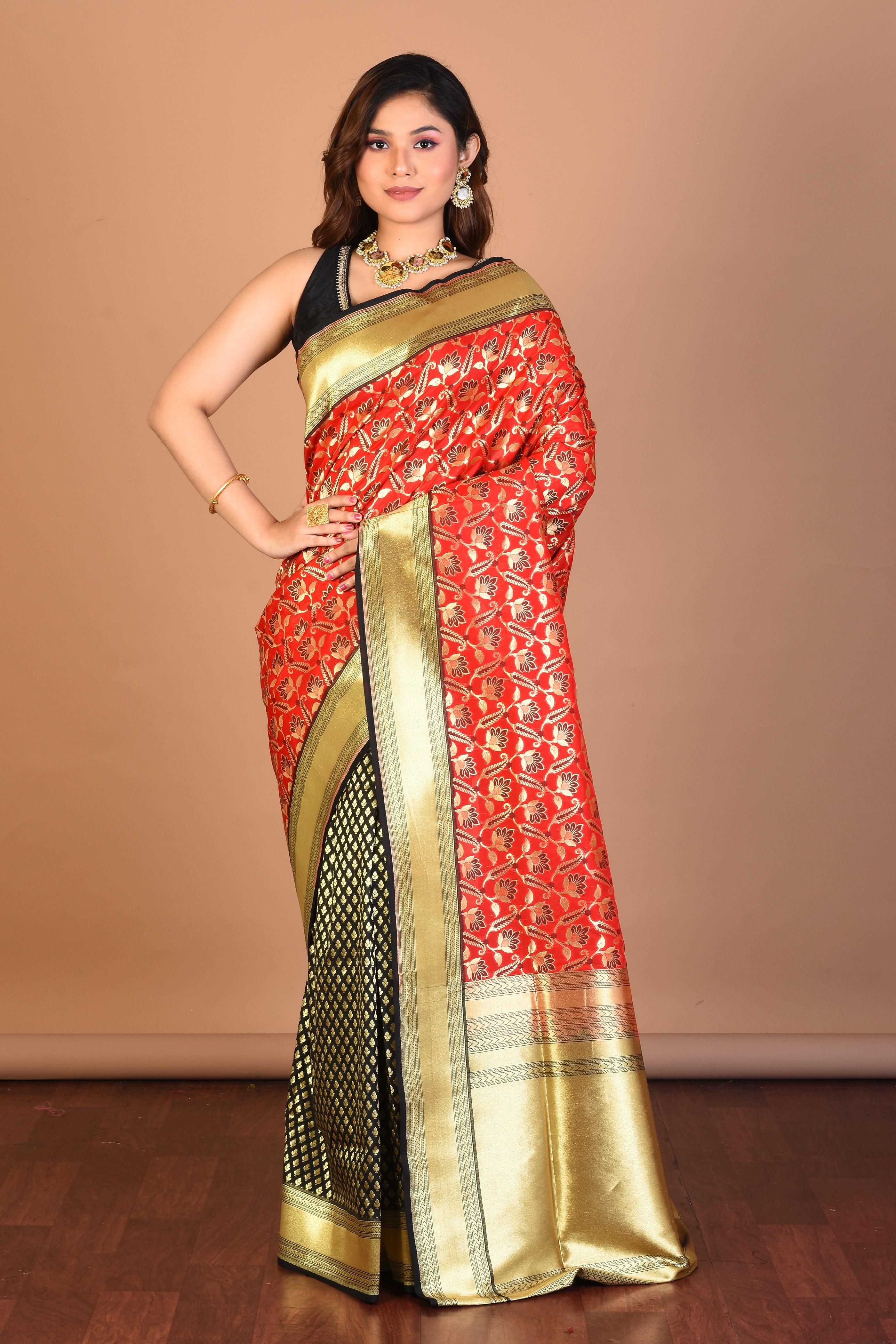 Red and Black Blended Uppada Silk Saree with Blouse Piece - Keya Seth Exclusive