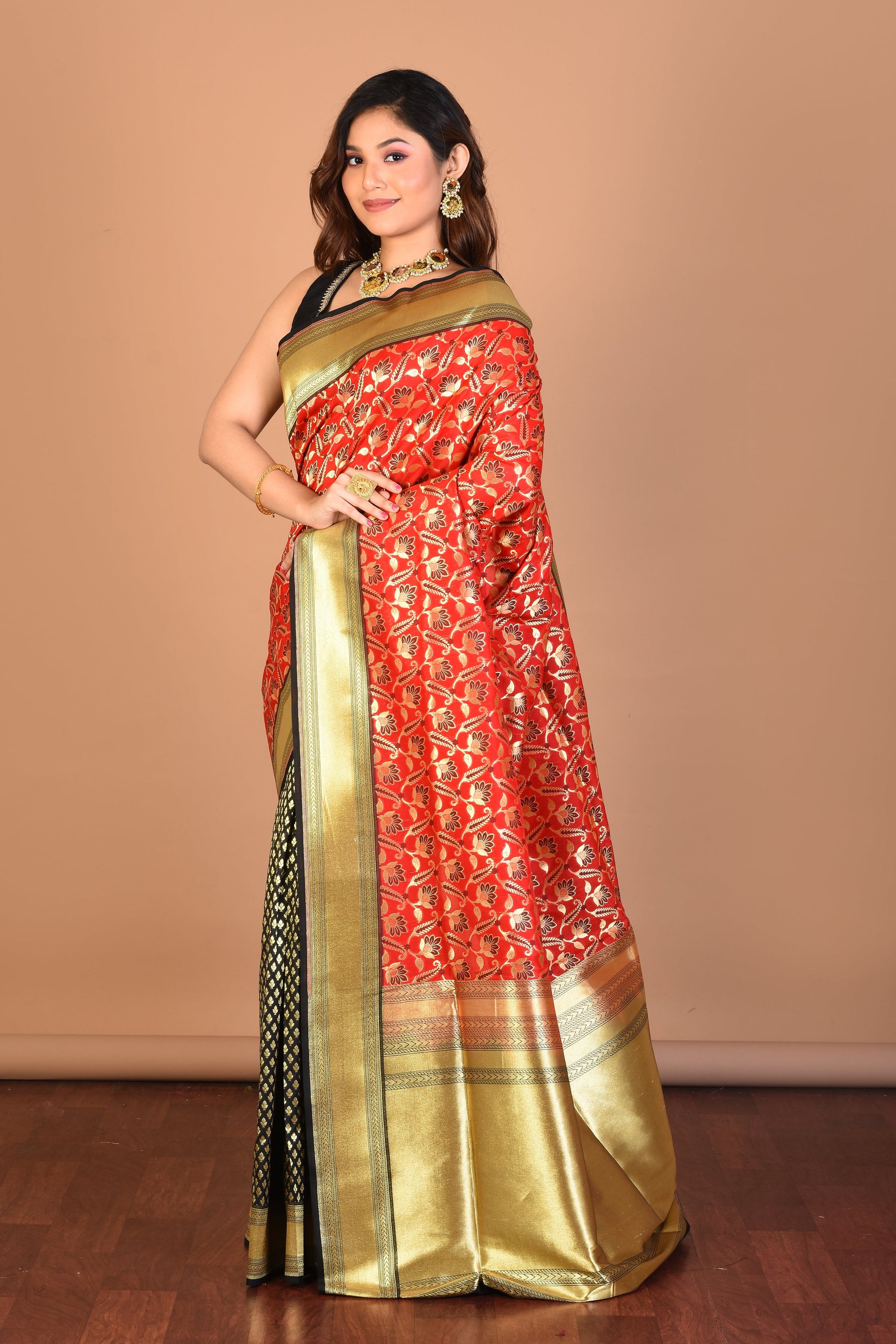 Red and Black Blended Uppada Silk Saree with Blouse Piece - Keya Seth Exclusive