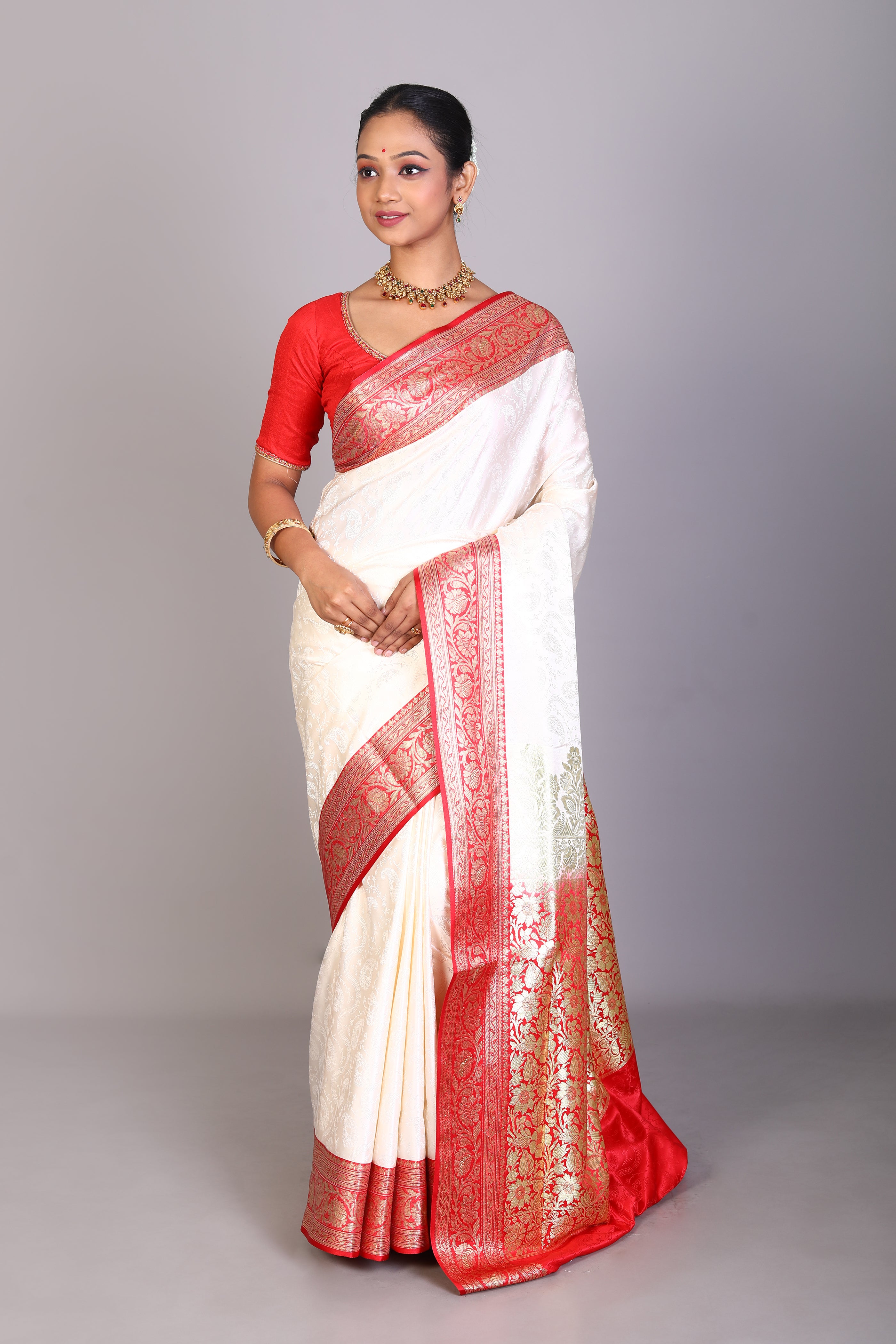 White Semi Katan Saree - Keya Seth Exclusive