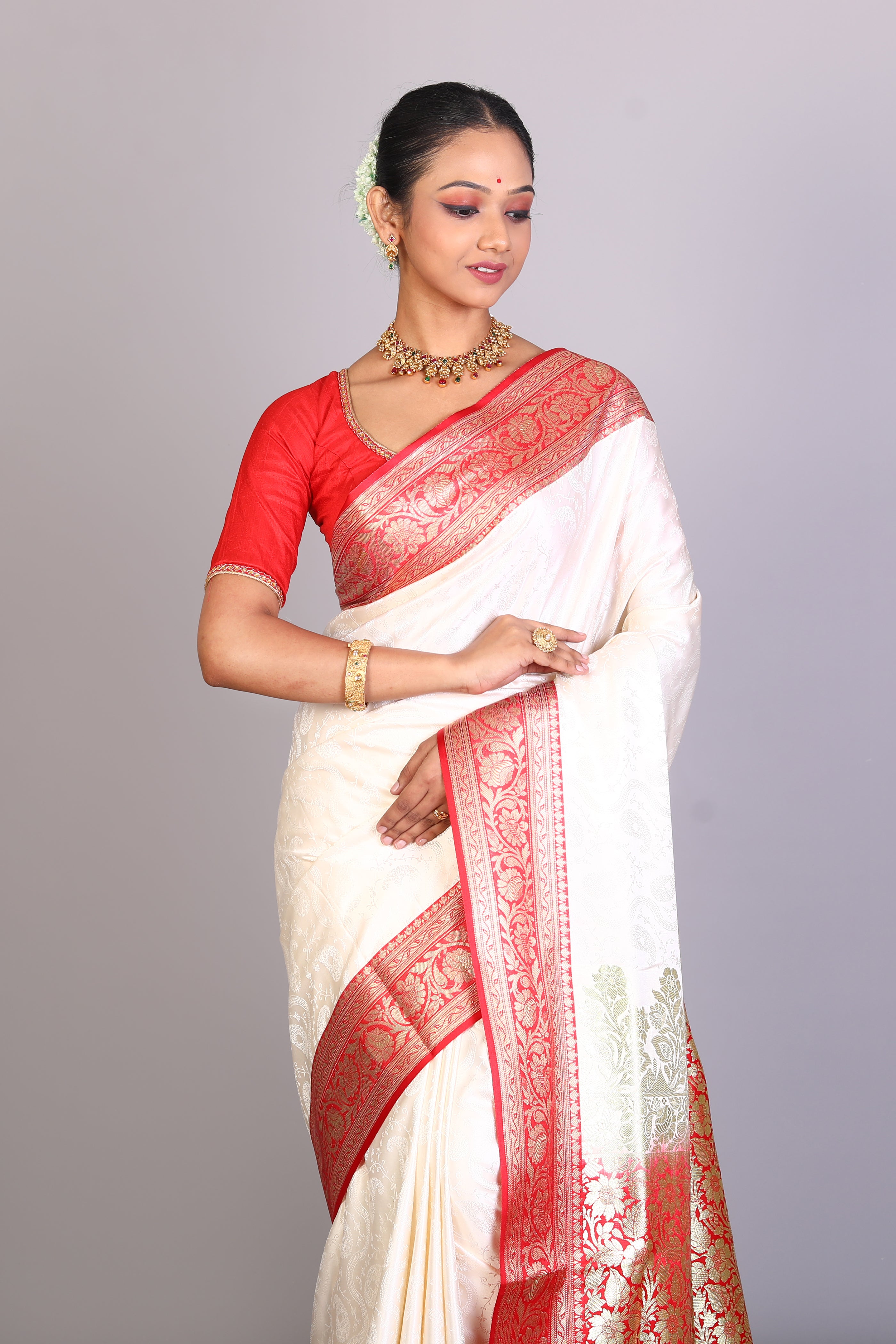 White Semi Katan Saree - Keya Seth Exclusive