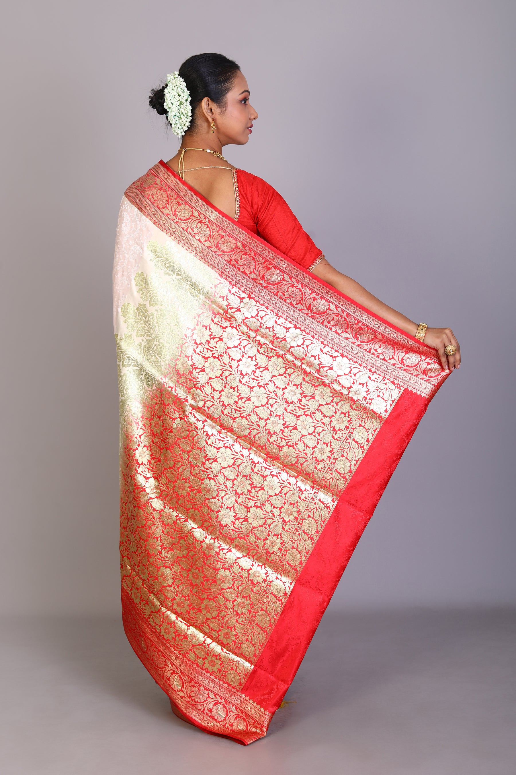 White Semi Katan Saree - Keya Seth Exclusive