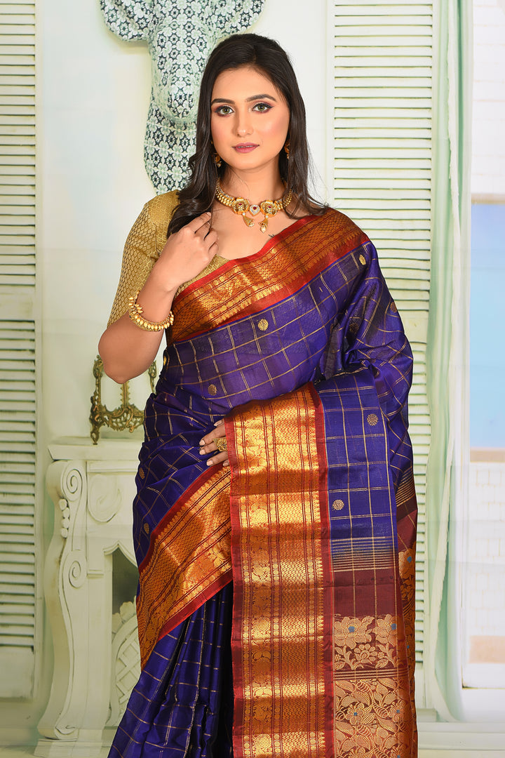 Royal Blue Pure Gadwal Saree - Keya Seth Exclusive