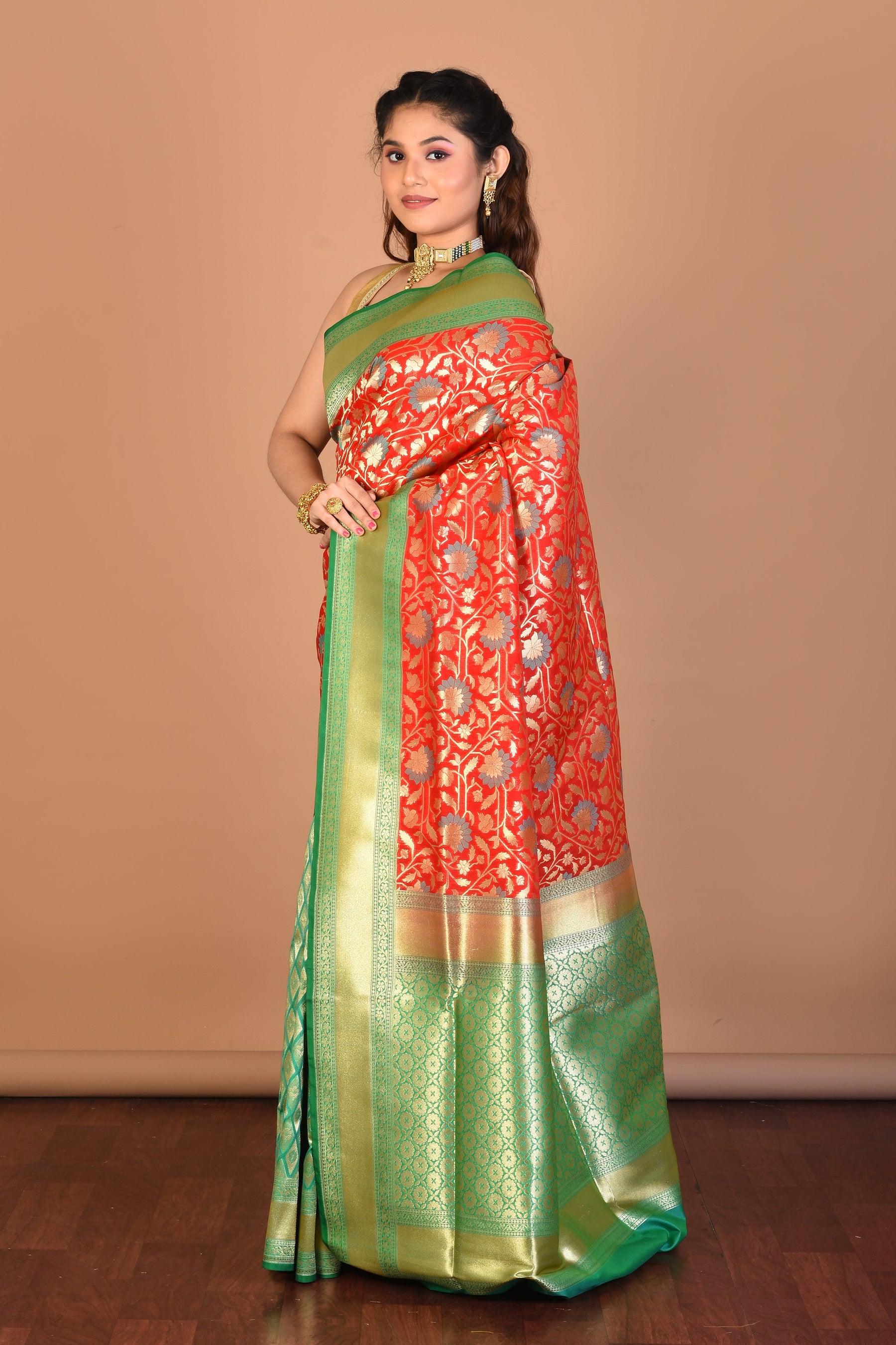 Red and Green Half and Half Uppada Silk Saree with Blouse Piece - Keya Seth Exclusive