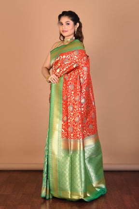 Red and Green Half and Half Uppada Silk Saree with Blouse Piece - Keya Seth Exclusive