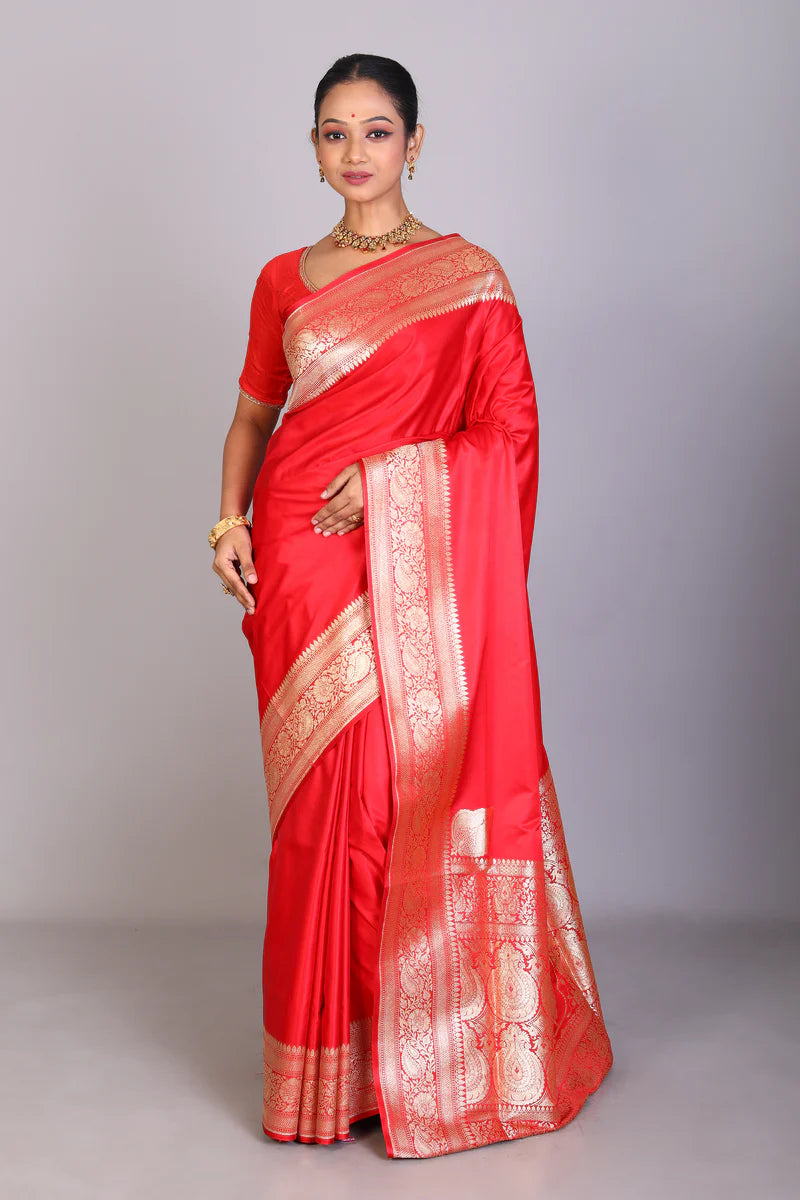 Red Semi Katan Saree - Keya Seth Exclusive