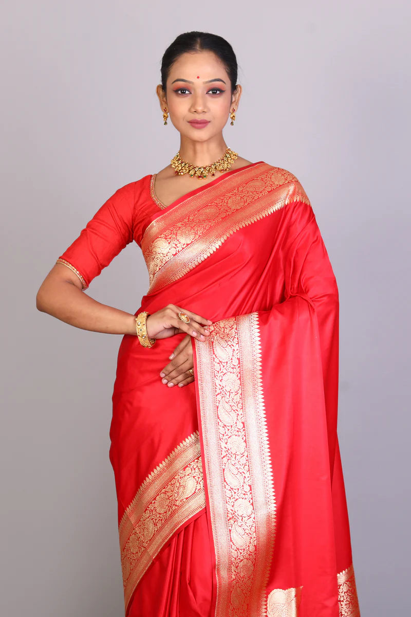 Red Semi Katan Saree - Keya Seth Exclusive