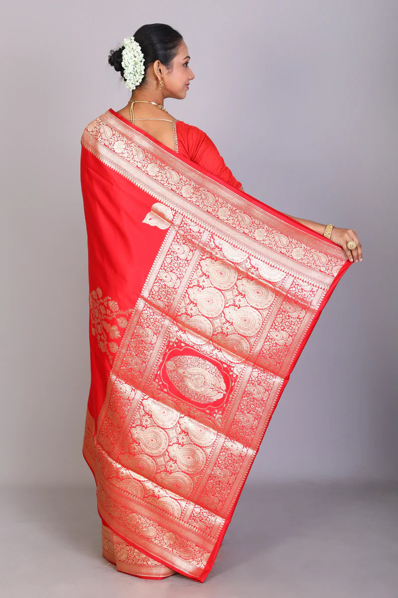 Red Semi Katan Saree - Keya Seth Exclusive