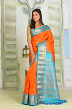 Load image into Gallery viewer, Orange Pure Gadwal Saree - Keya Seth Exclusive
