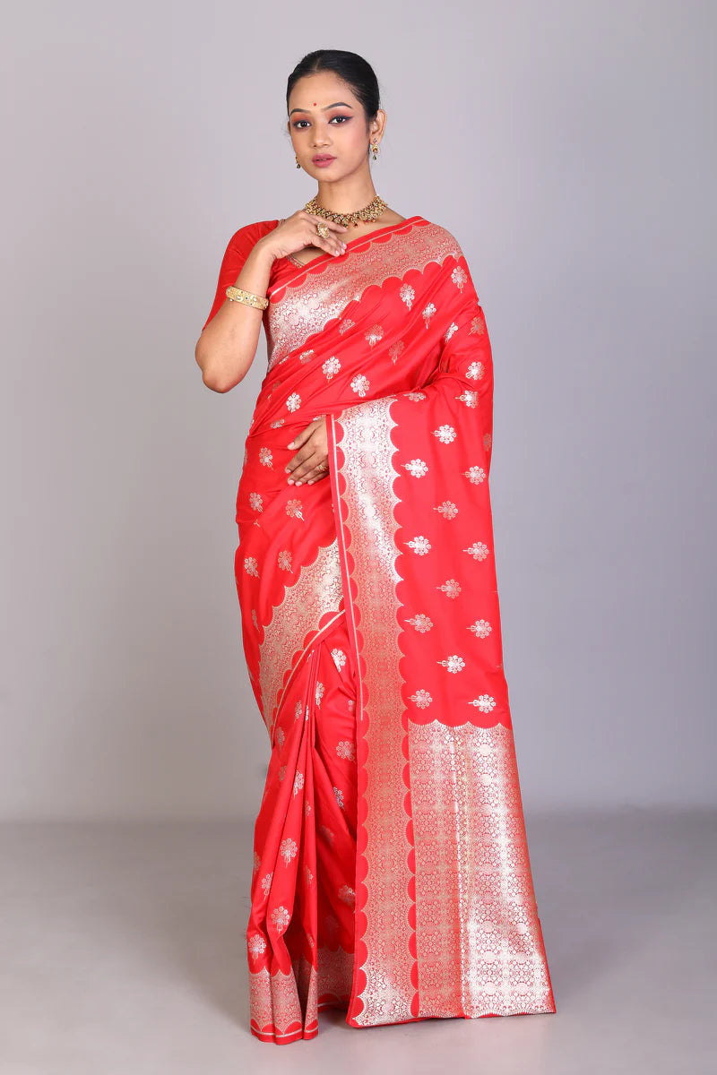 Red Semi Katan Saree - Keya Seth Exclusive