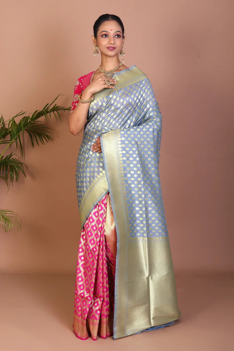 Grey & Rani Half & Half Blended Uppada Saree - Keya Seth Exclusive