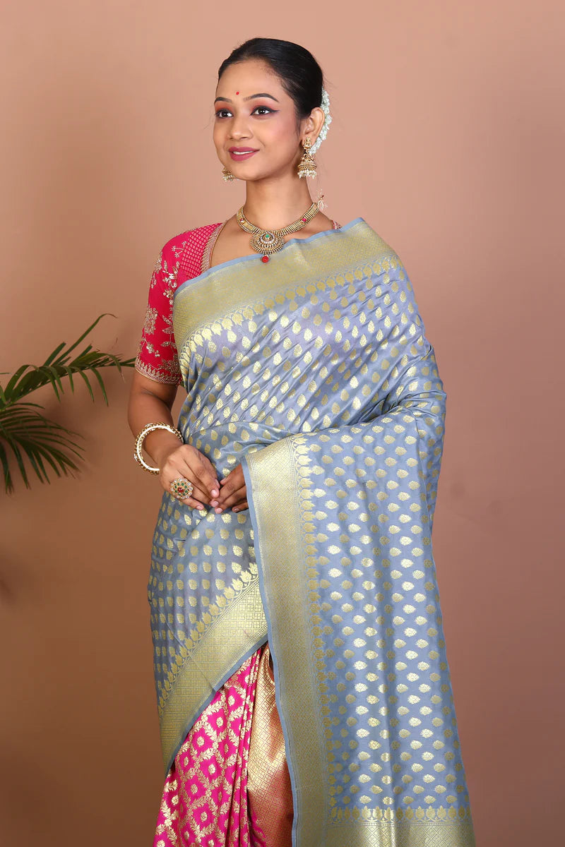 Grey & Rani Half & Half Blended Uppada Saree - Keya Seth Exclusive