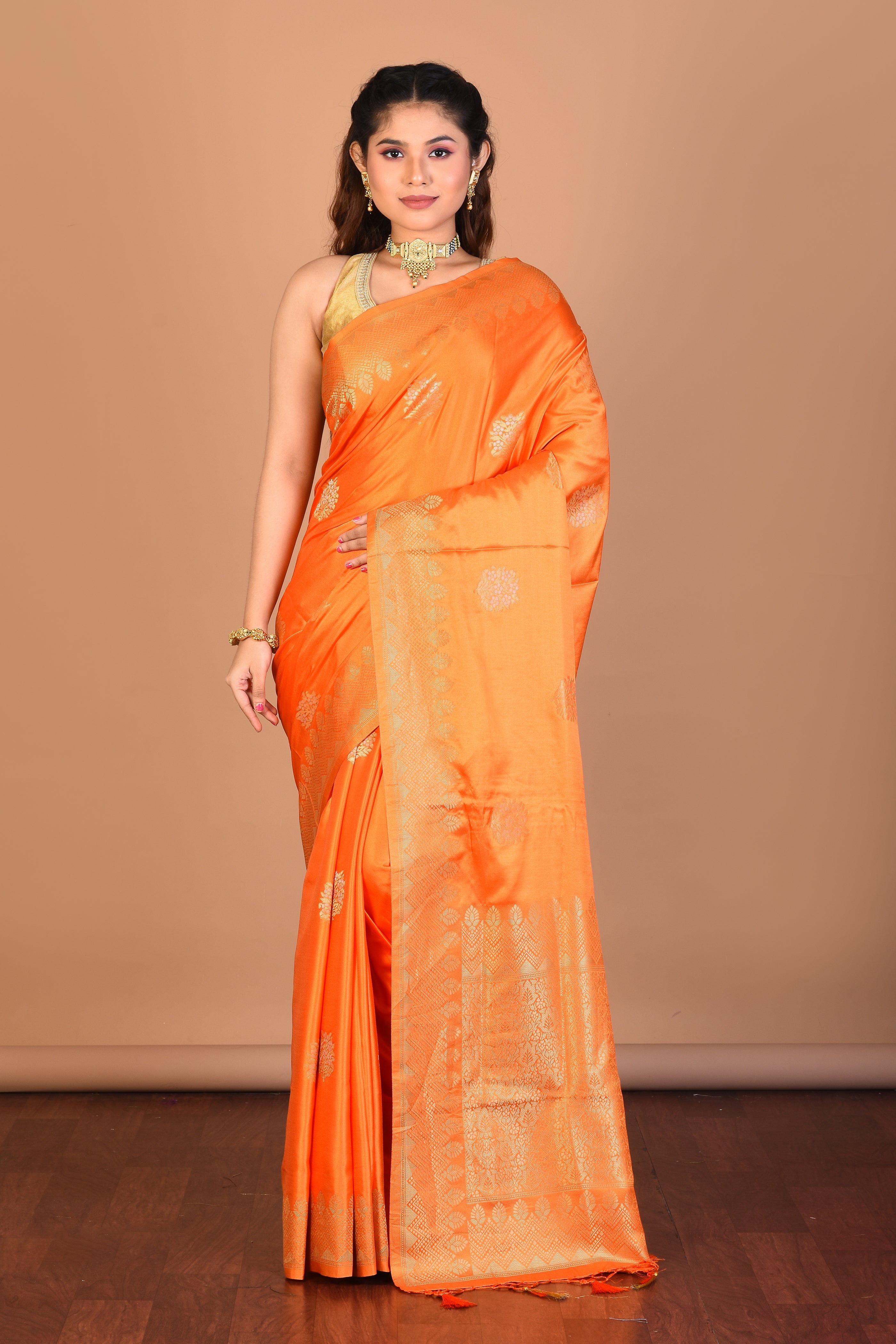 Orange Blended Satin Silk Saree with Blouse Piece - Keya Seth Exclusive