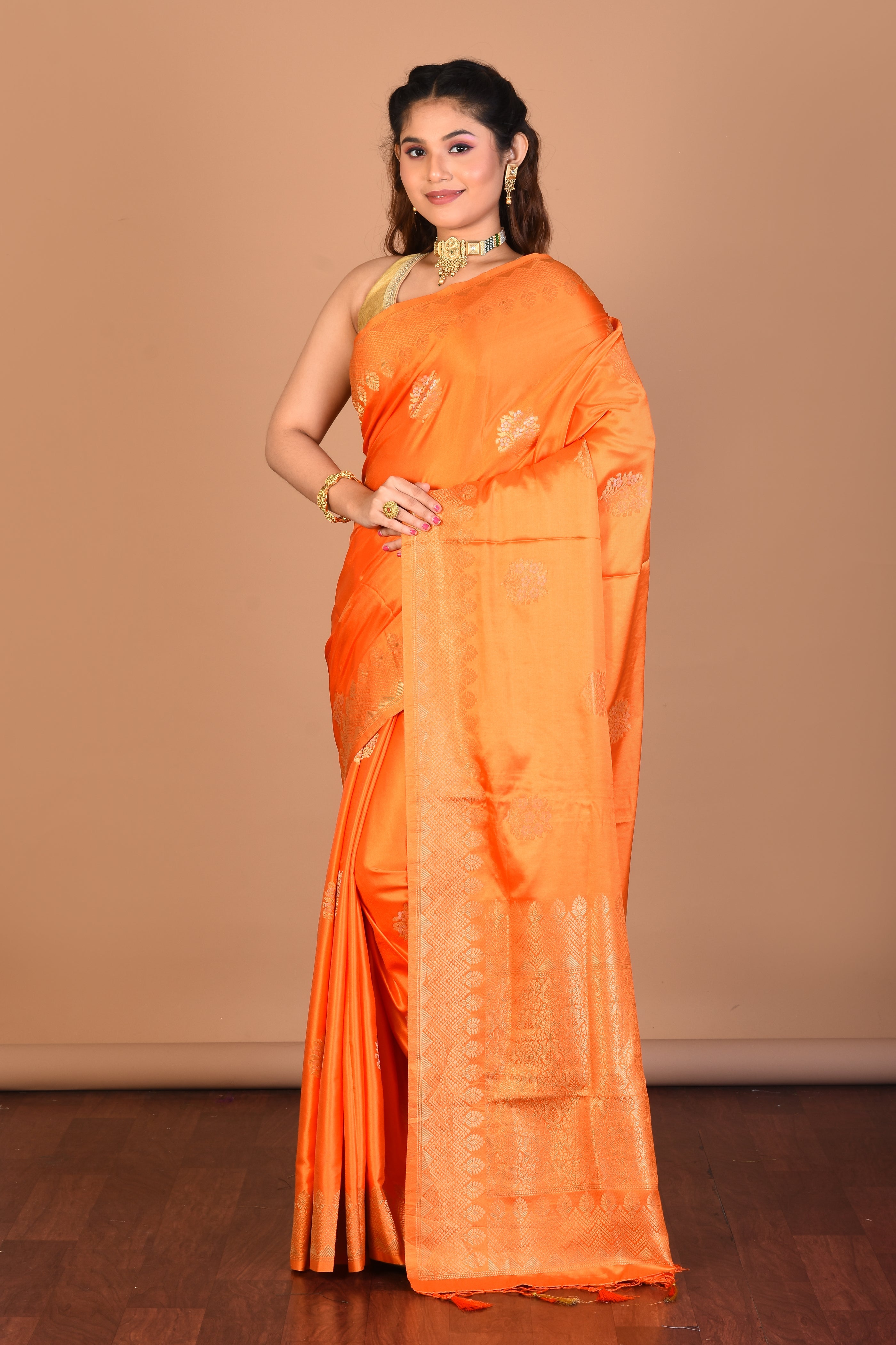 Orange Blended Satin Silk Saree with Blouse Piece - Keya Seth Exclusive