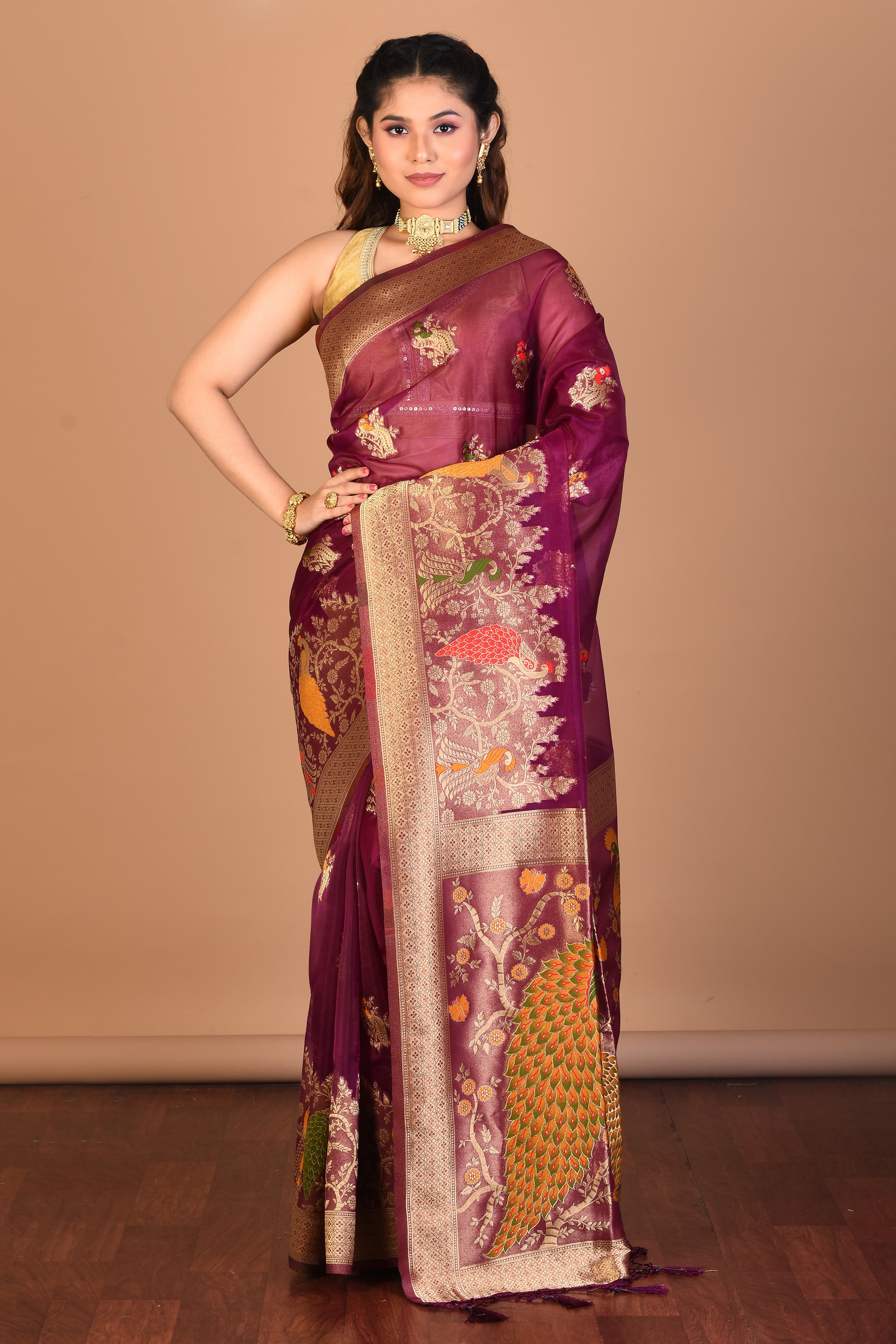 Magenta Organza Silk Saree with Blouse Piece - Keya Seth Exclusive