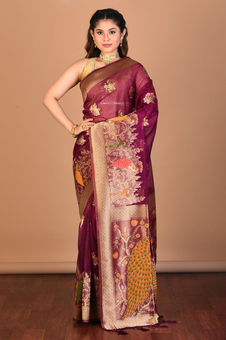 Magenta Organza Silk Saree with Blouse Piece - Keya Seth Exclusive