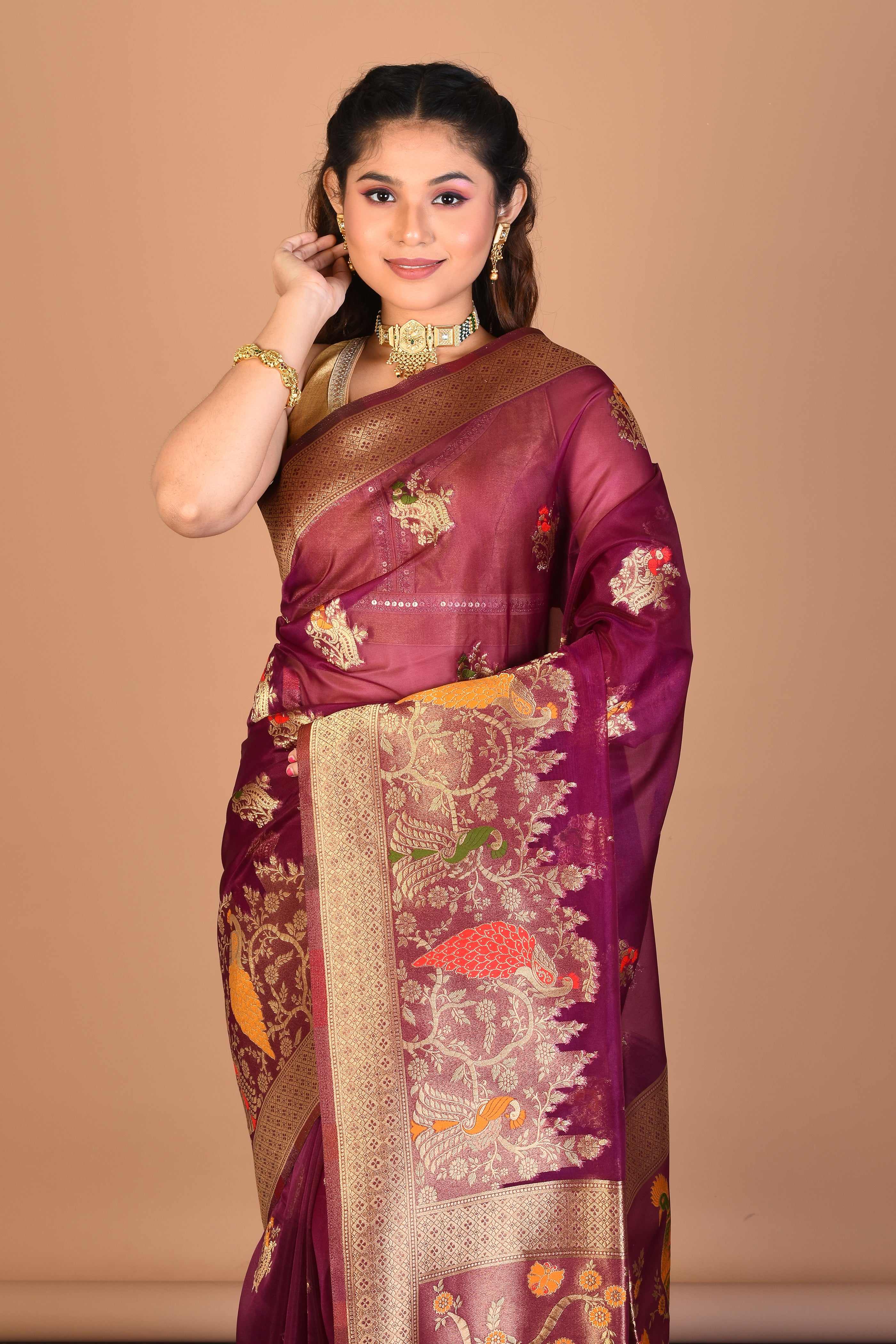 Magenta Organza Silk Saree with Blouse Piece - Keya Seth Exclusive