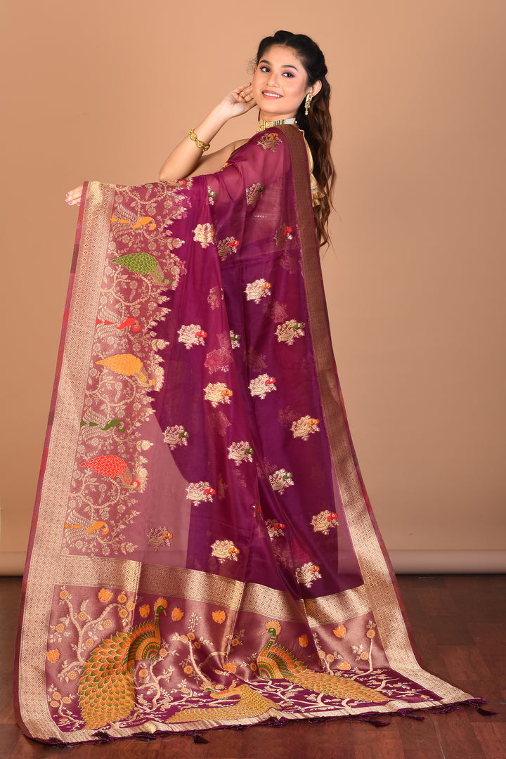 Magenta Organza Silk Saree with Blouse Piece - Keya Seth Exclusive