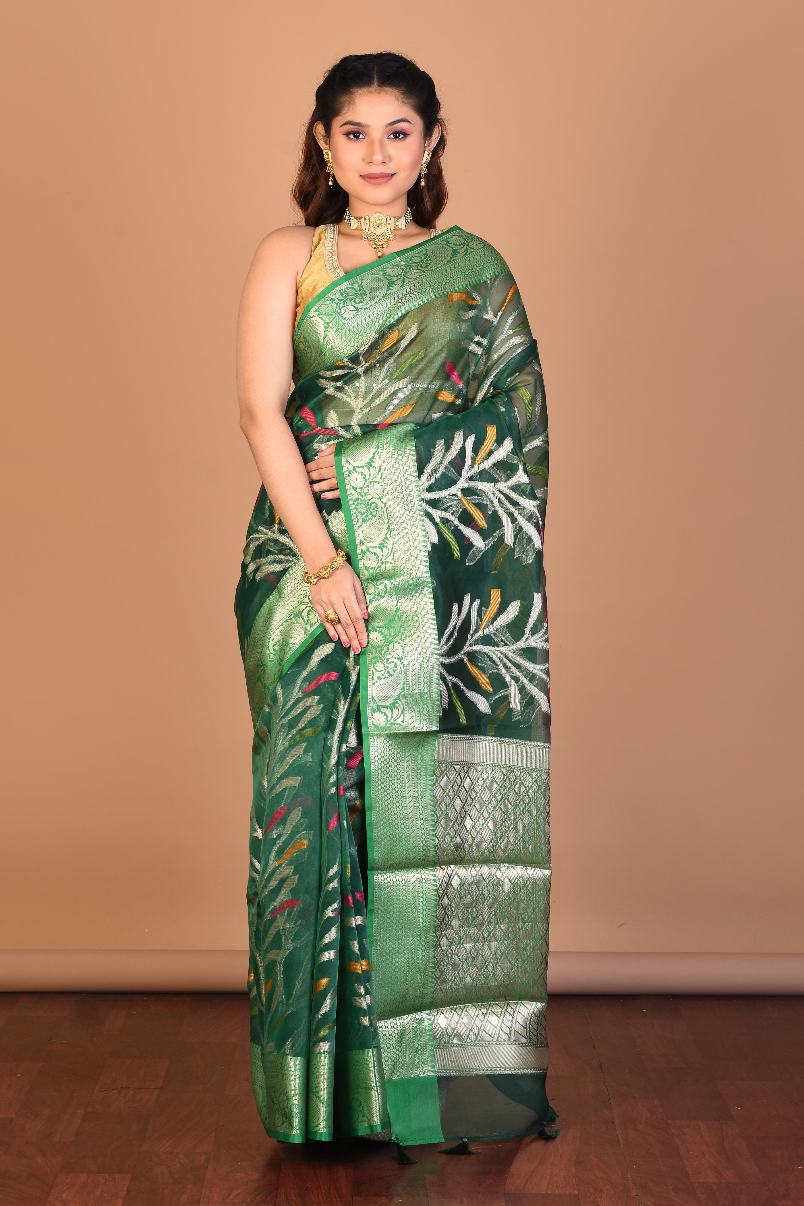 Green Organza Silk Saree with Blouse Piece - Keya Seth Exclusive