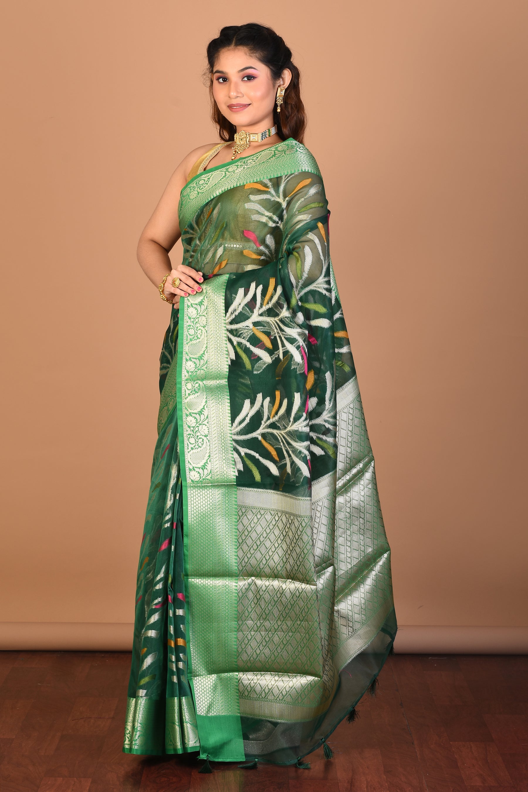 Green Organza Silk Saree with Blouse Piece - Keya Seth Exclusive