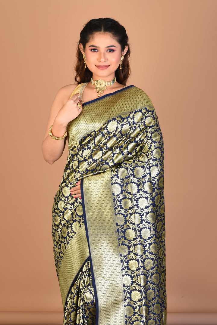 Navy Blue Blended Uppada Silk Saree with Blouse Piece - Keya Seth Exclusive