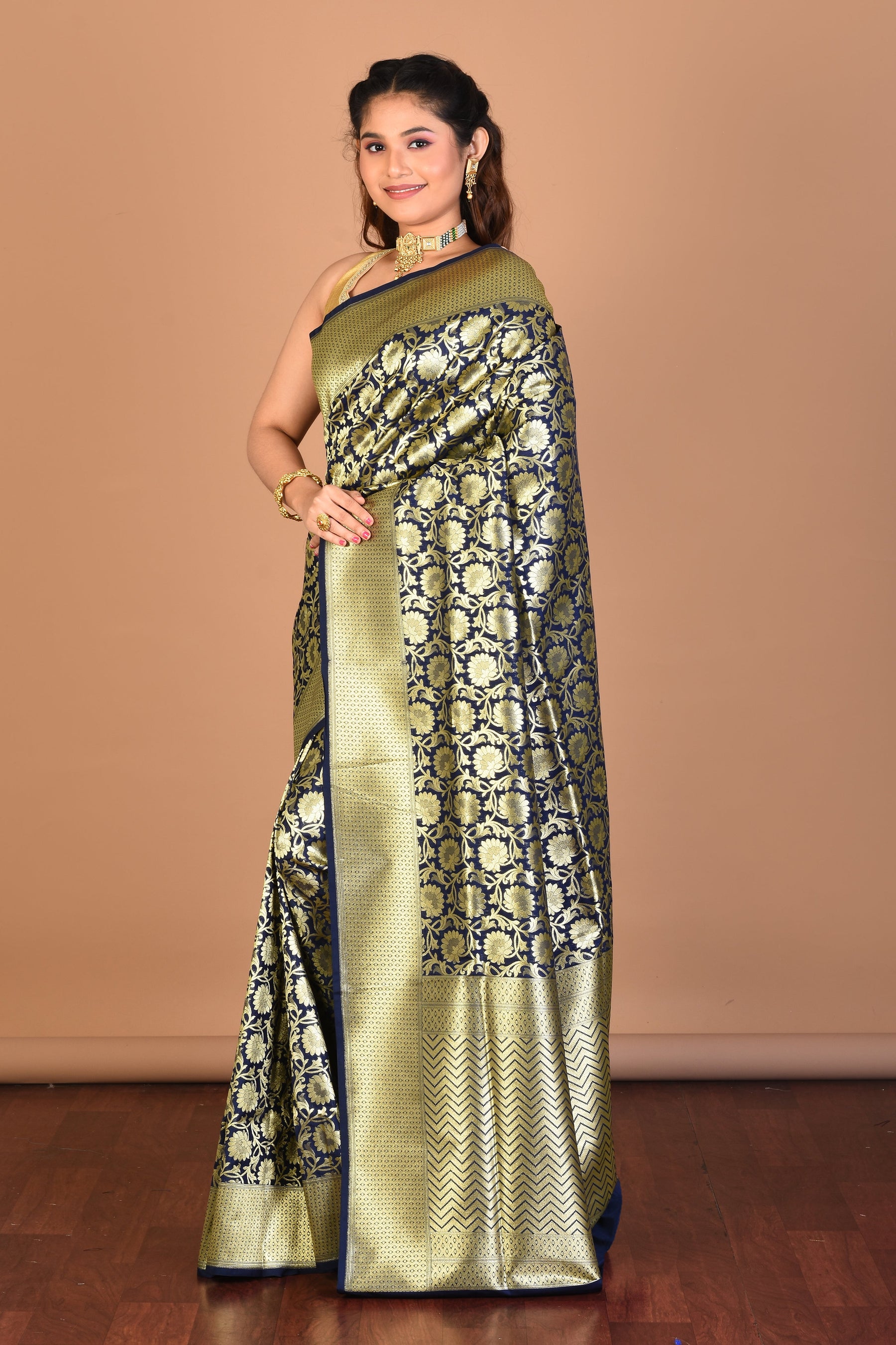 Navy Blue Blended Uppada Silk Saree with Blouse Piece - Keya Seth Exclusive