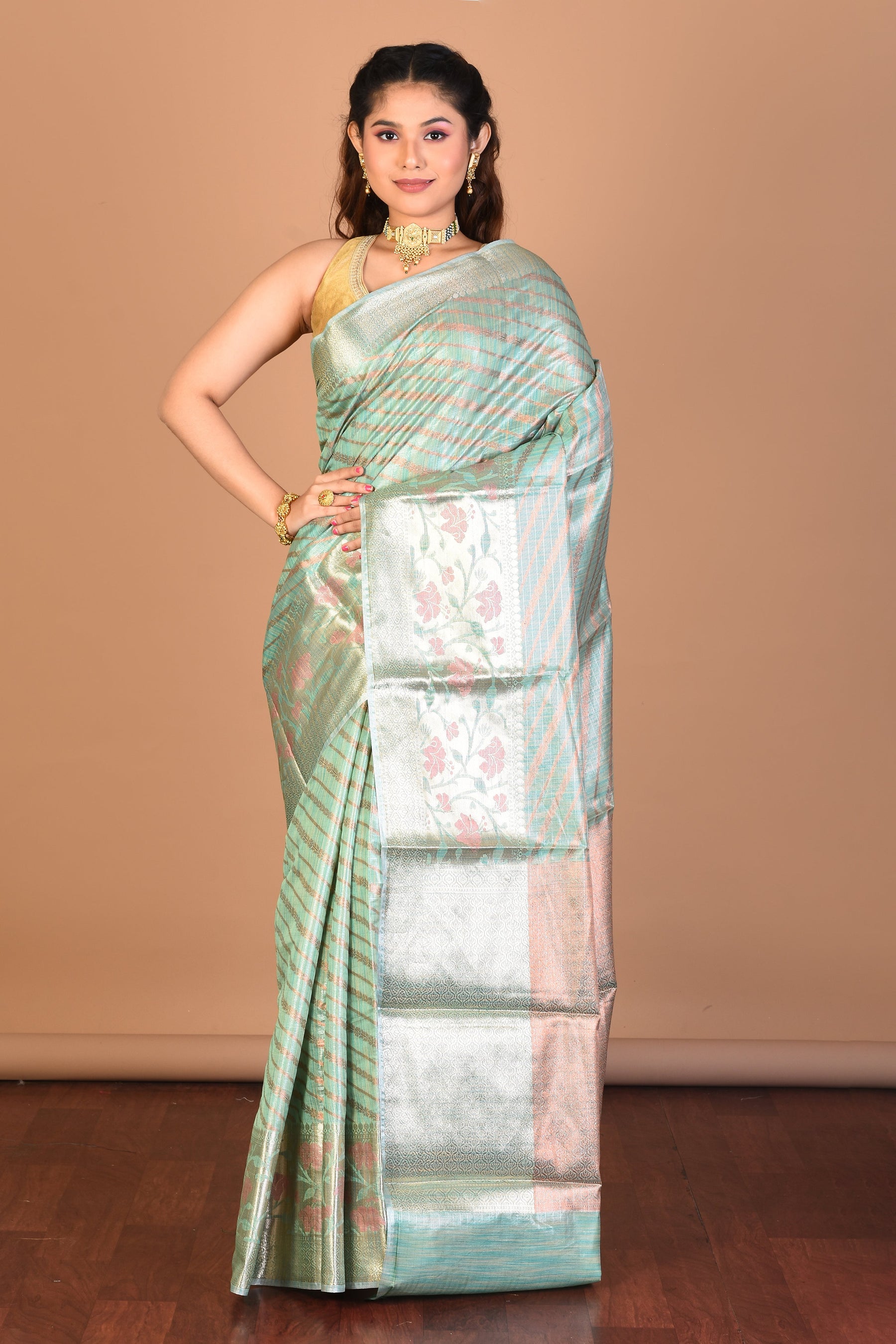 Pesta Green Tissue Silk Saree with Blouse Piece - Keya Seth Exclusive