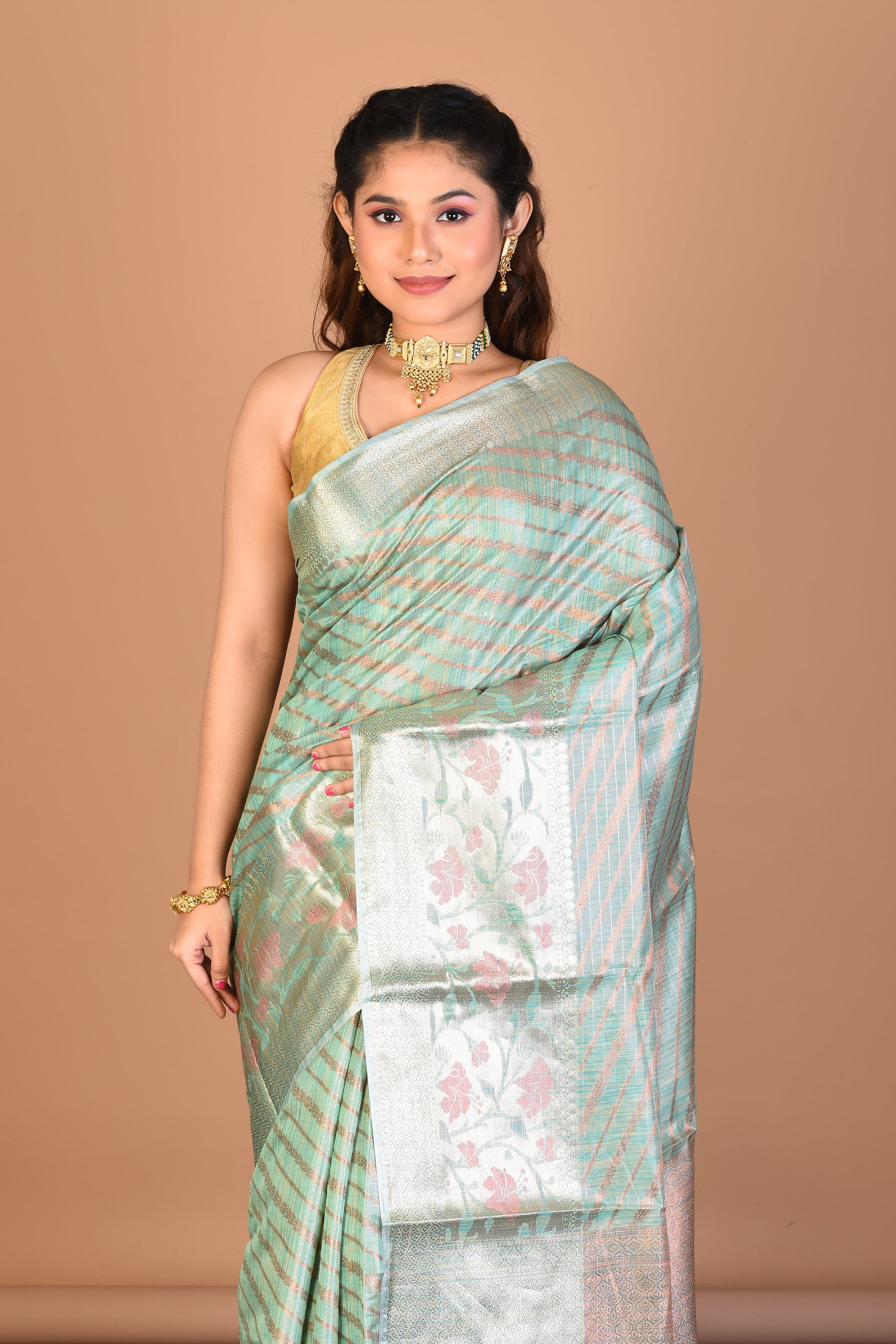 Pesta Green Tissue Silk Saree with Blouse Piece - Keya Seth Exclusive