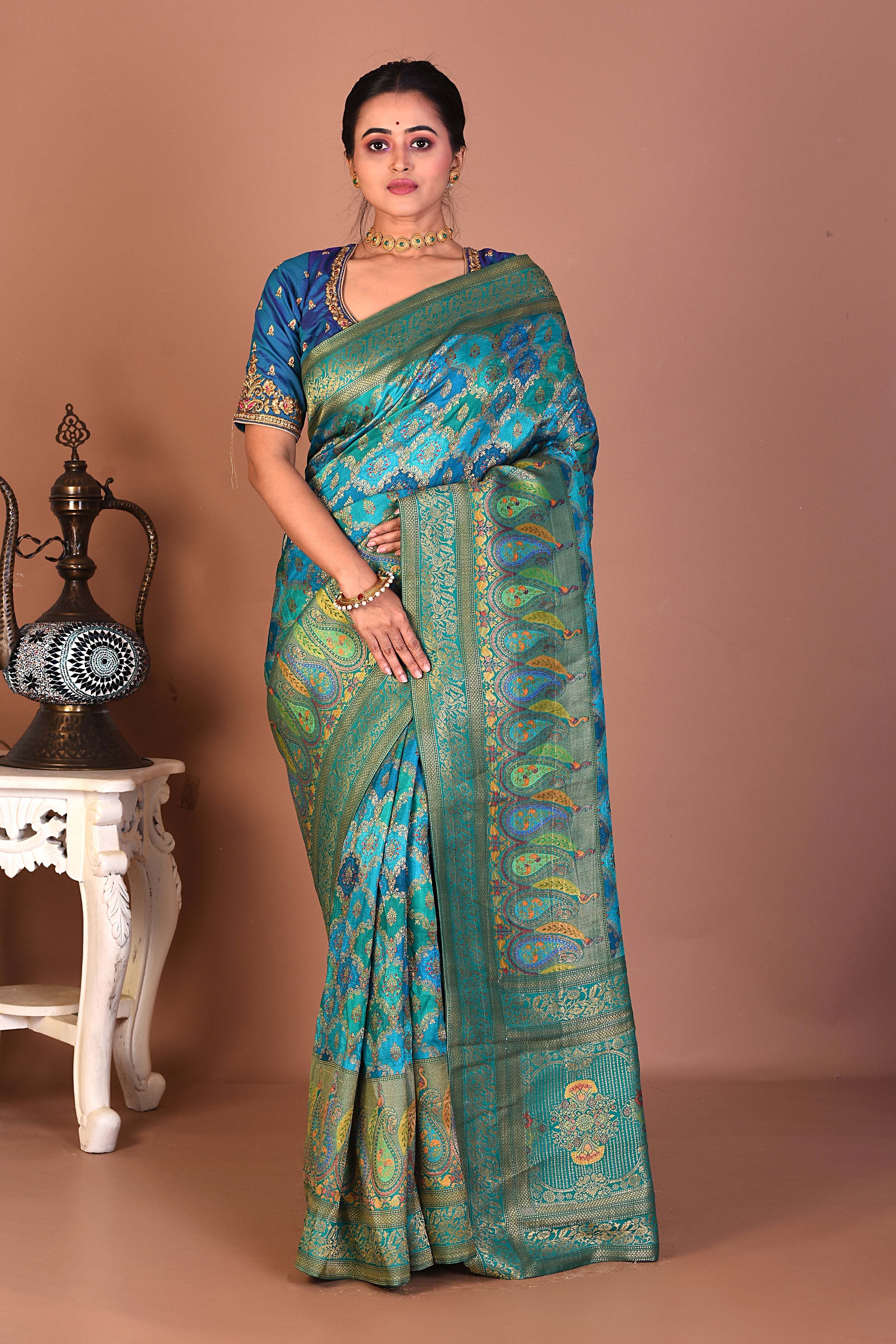 Sea Green Blended Printed Silk Saree - Keya Seth Exclusive