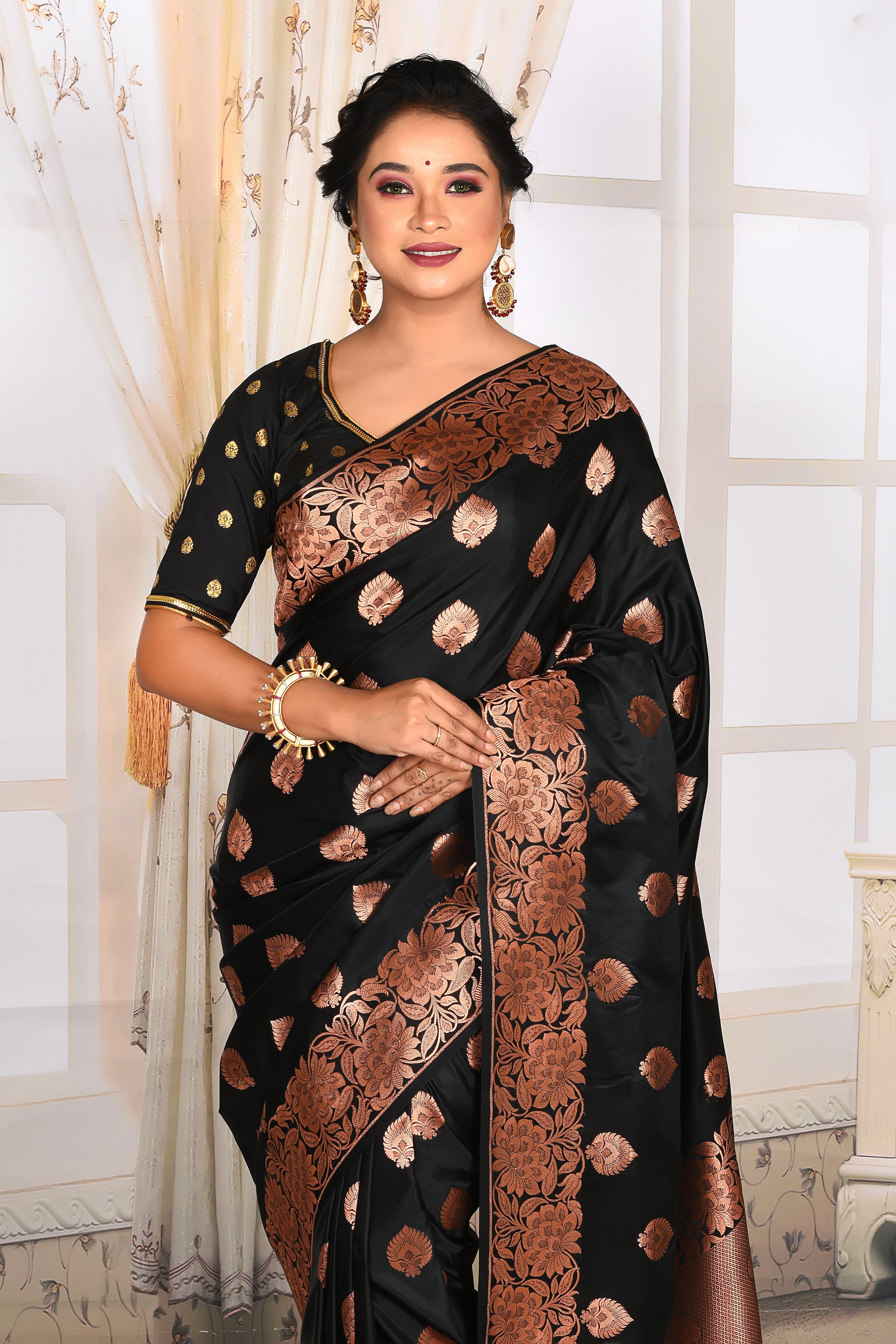 Shiny Black Katan Silk Saree - Keya Seth Exclusive