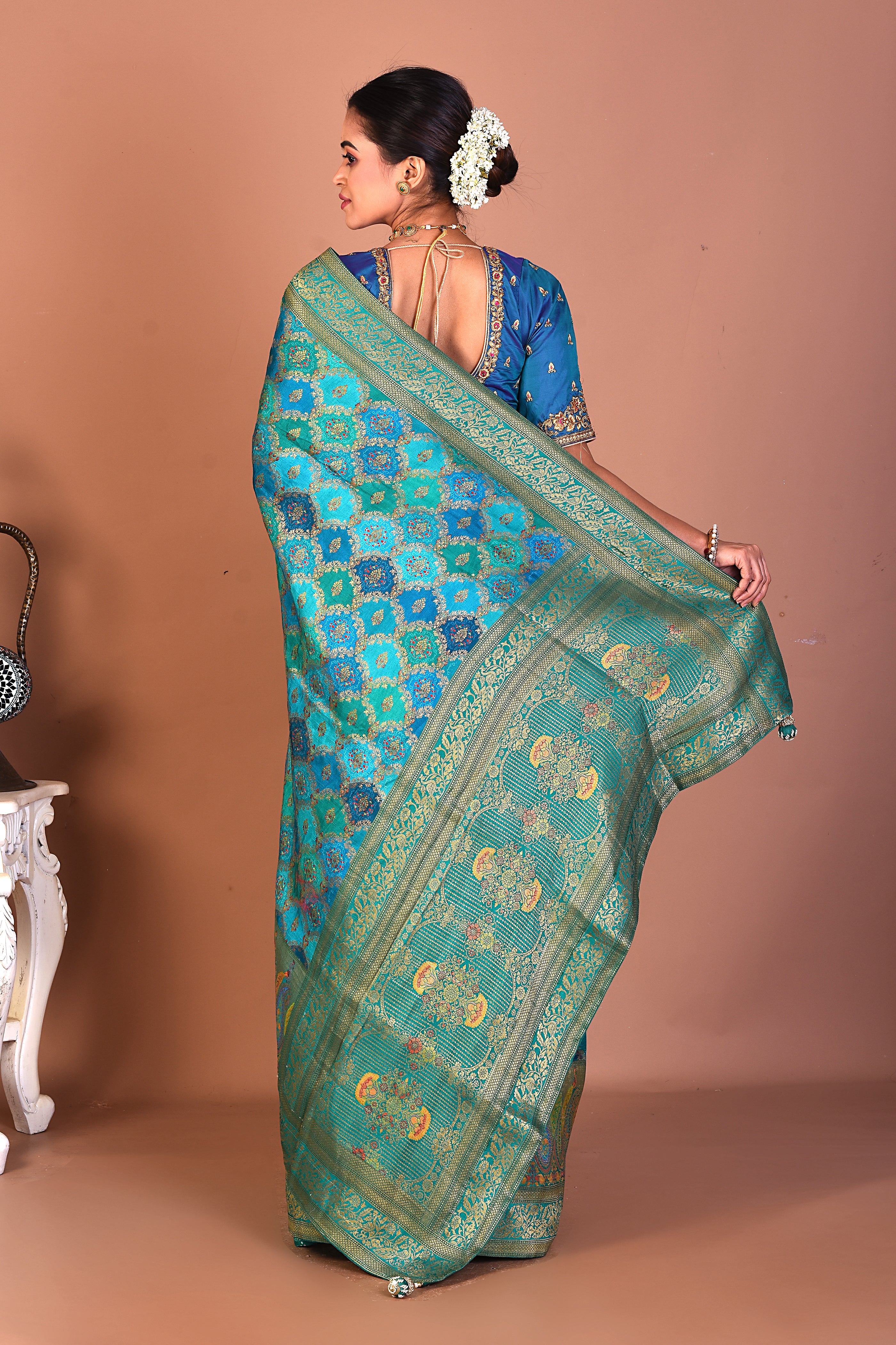 Sea Green Blended Printed Silk Saree - Keya Seth Exclusive