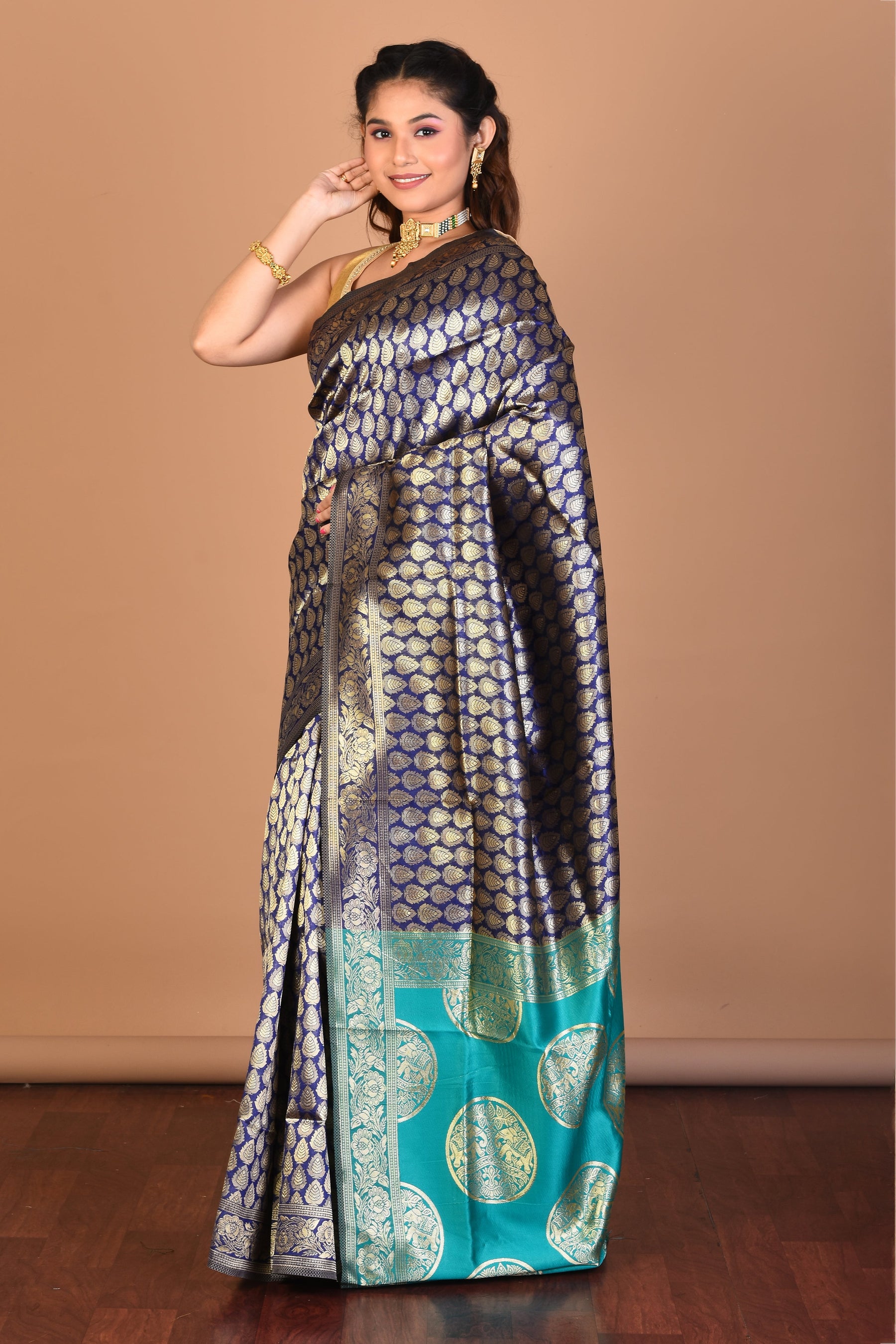 Navy Blue Blended Art Silk Saree with Blouse Piece - Keya Seth Exclusive