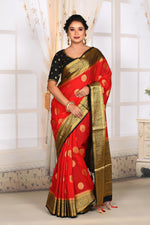 Load image into Gallery viewer, Red Dupion Saree with Black Border and Golden Zari - Keya Seth Exclusive
